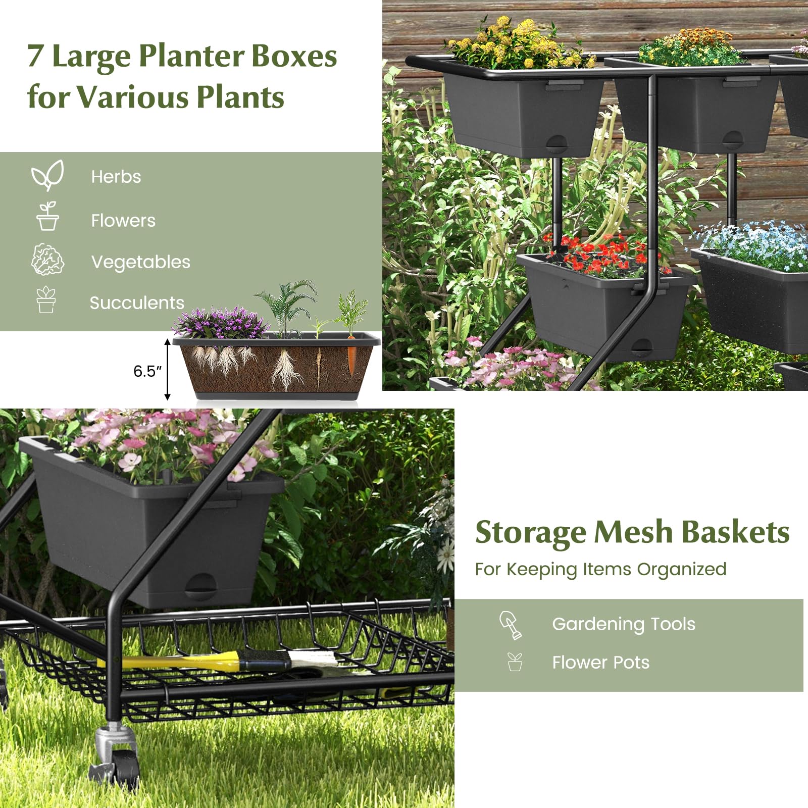 Giantex Rolling Raised Garden Bed w/ 7 Planter Boxes, Storage Baskets, Drainage Holes