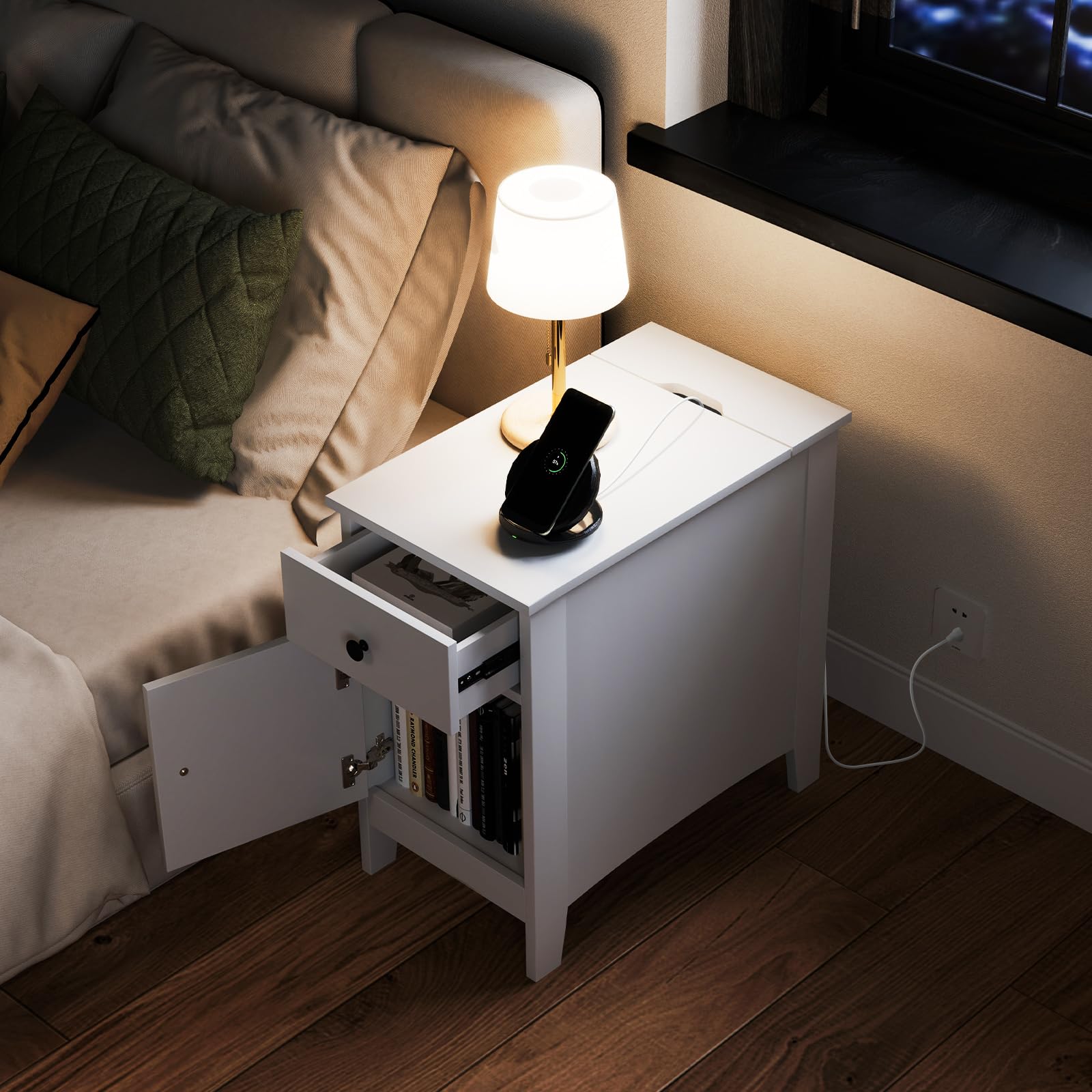 Giantex Nightstand with Charging Station, Flip Top End Table w/USB Ports & Outlets, Modern Side Table w/Storage Drawer