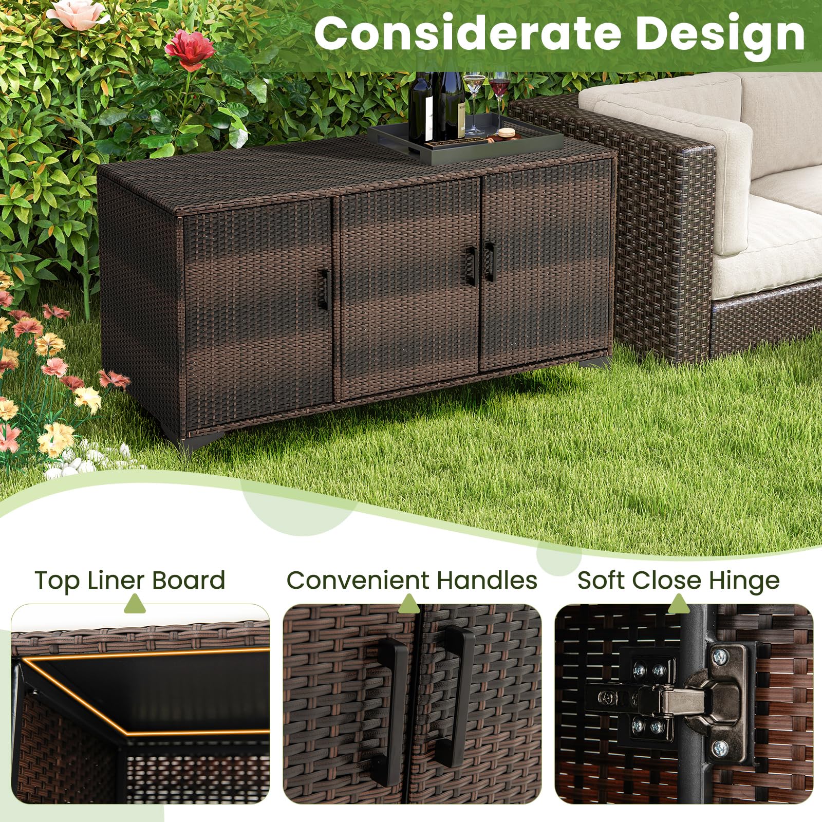 Giantex 84-Gallon Wicker Deck Box - Patio Storage Cabinet, 3-Door PE Rattan Storage Container with Removable Shelves