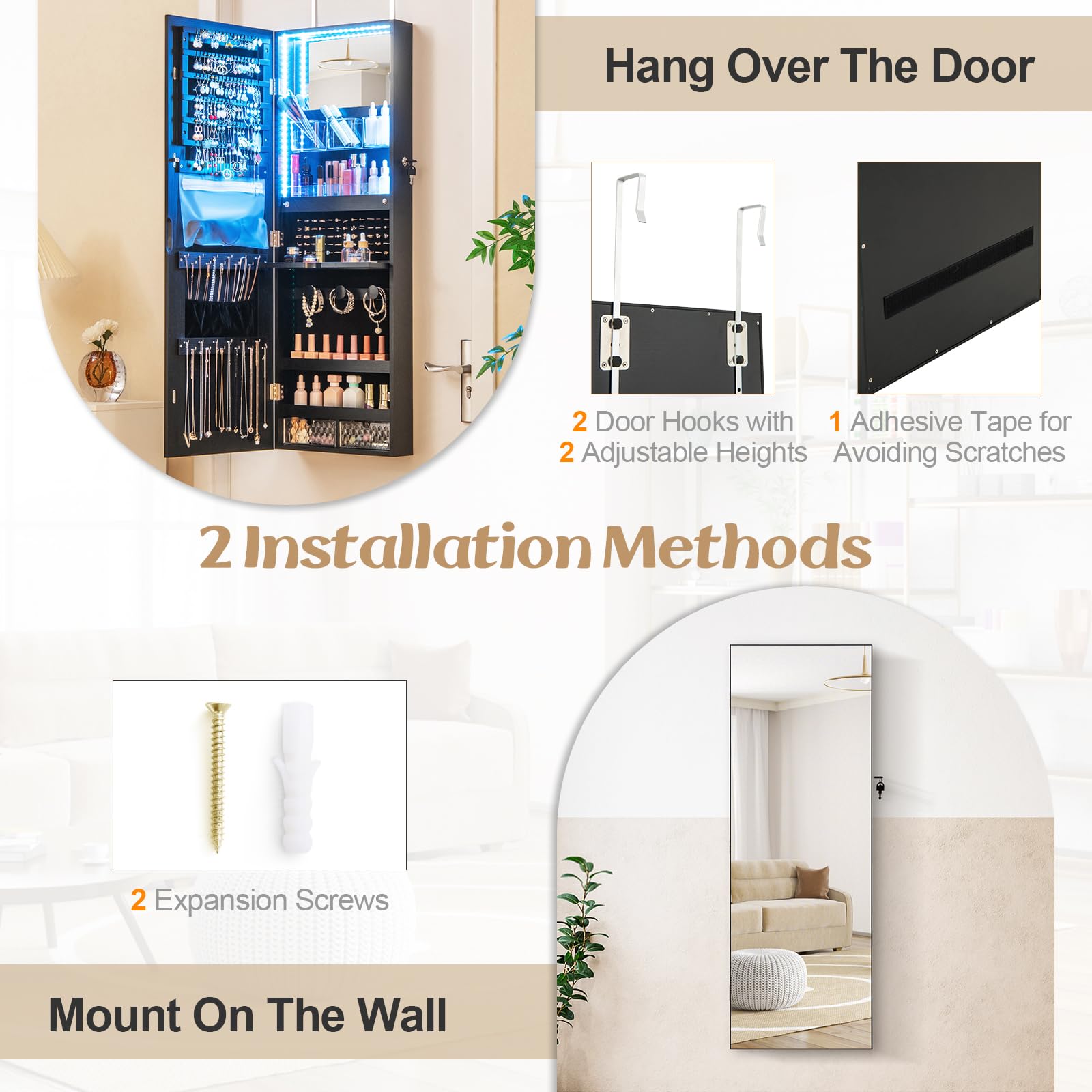 CHARMAID Mirror Jewelry Cabinet, Wall Mounted Door Hanging, Lockable Jewelry Armoire with Full Length Mirror