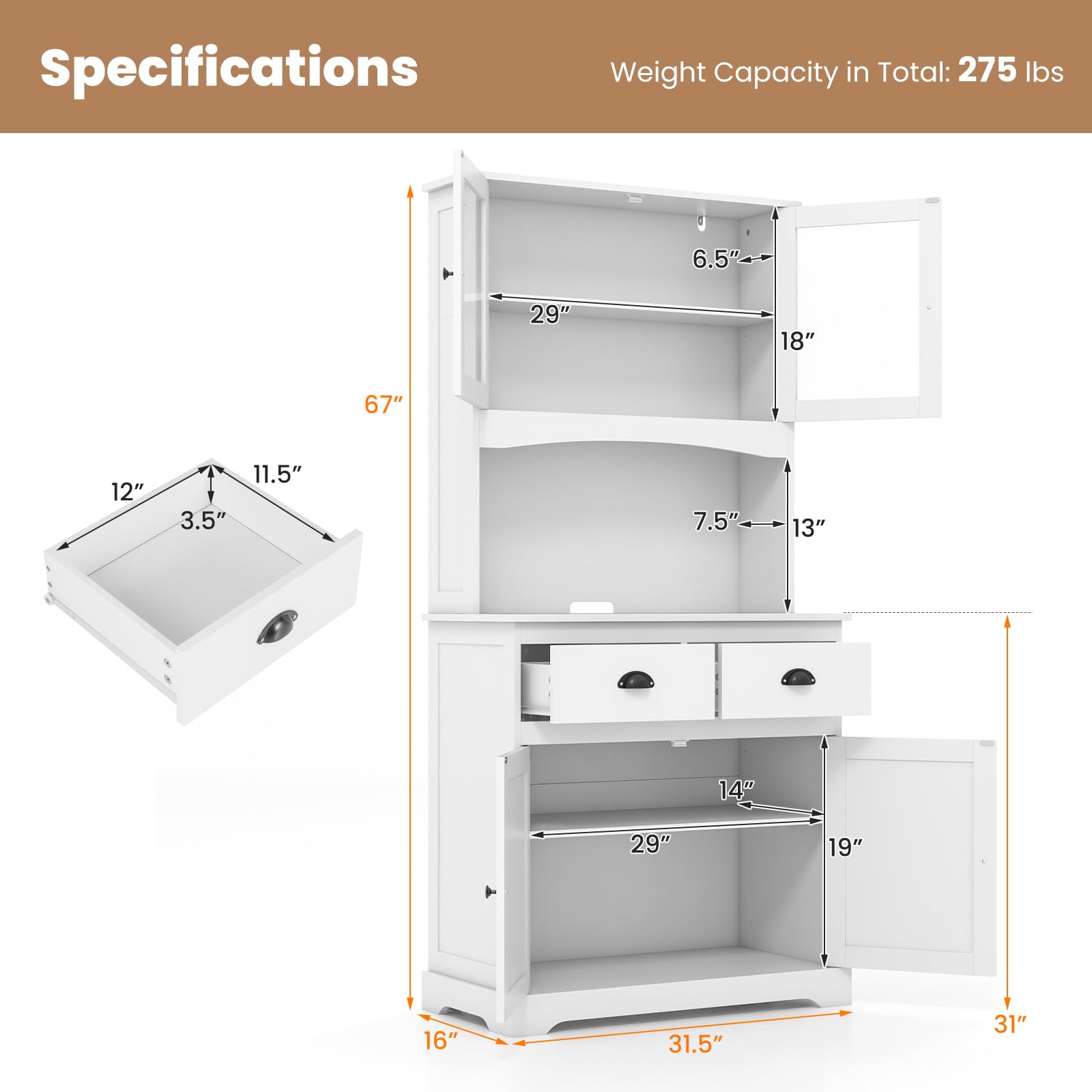 Giantex 67" Pantry Organizers, Freestanding Tall Buffet Cabinet with Hutch and 2 Drawers, Wooden Cupboard with Glass Doors