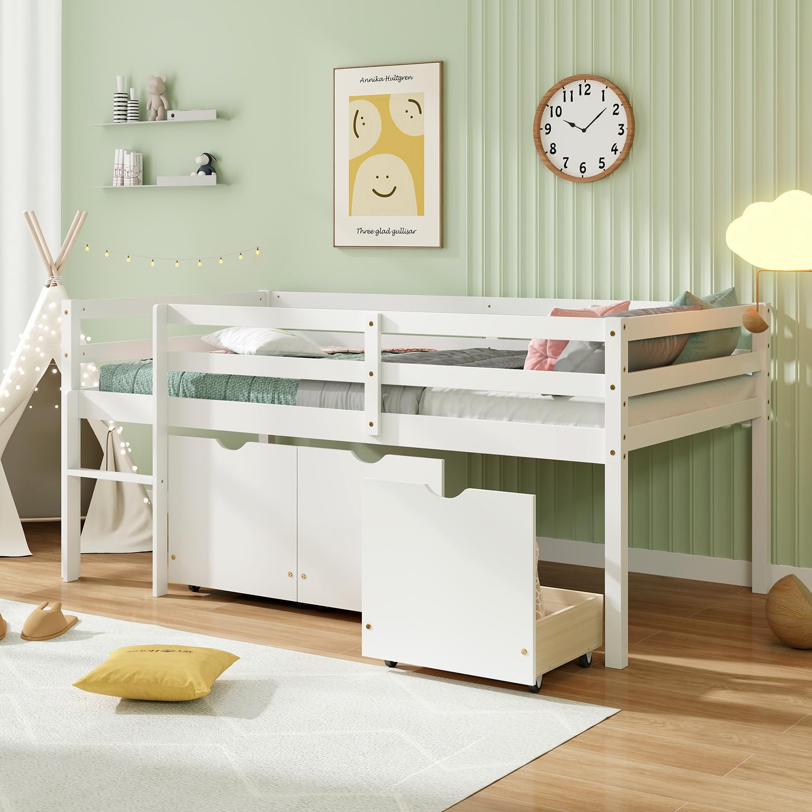 Giantex Twin Low Loft Bed with 3 Drawers, Wooden Loft Bed Frame with Ladder & Full-length Guardrails