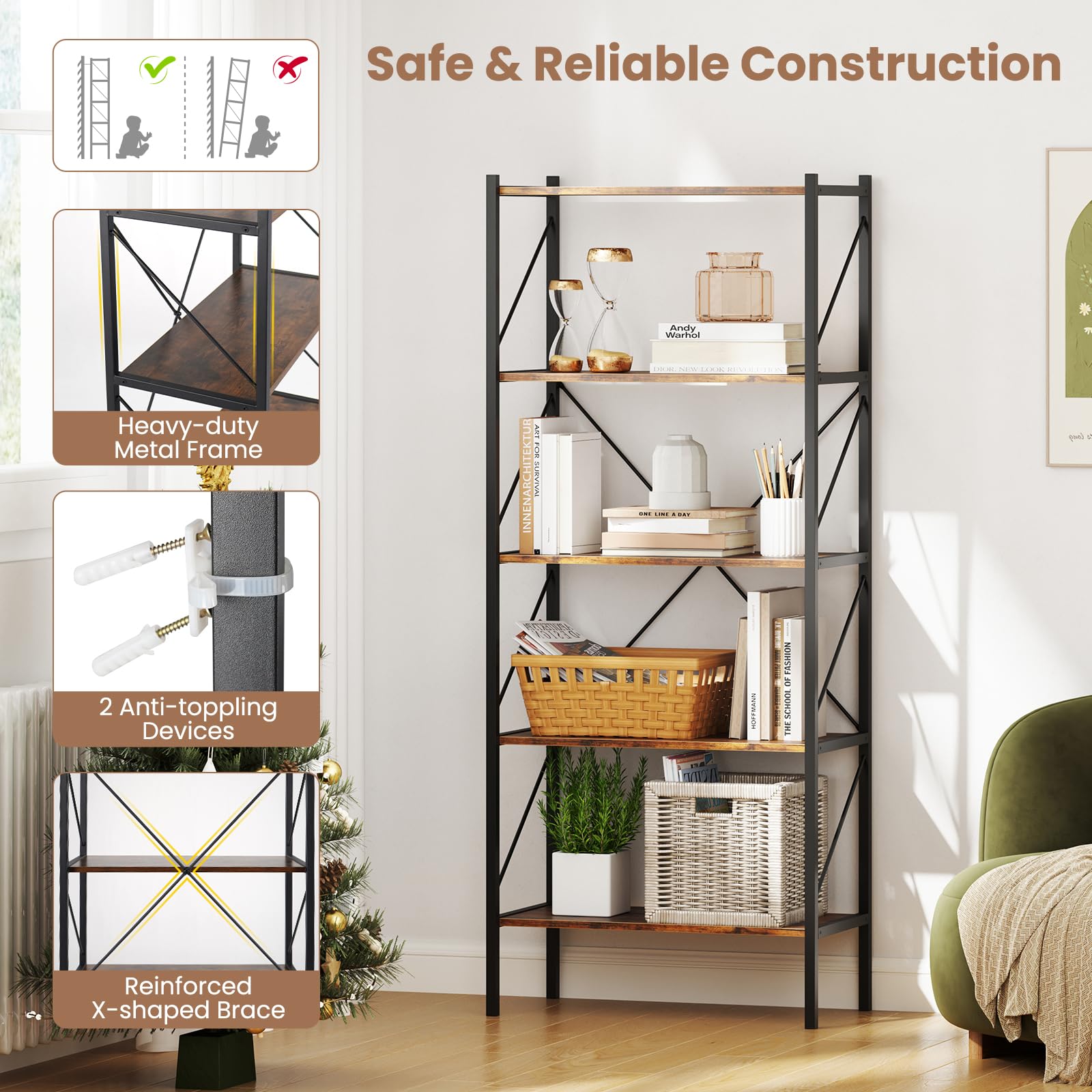 Giantex 5-Tier Bookshelf, Industrial Tall Bookcase with Open Storage Shelves & Heavy Duty Metal Frame