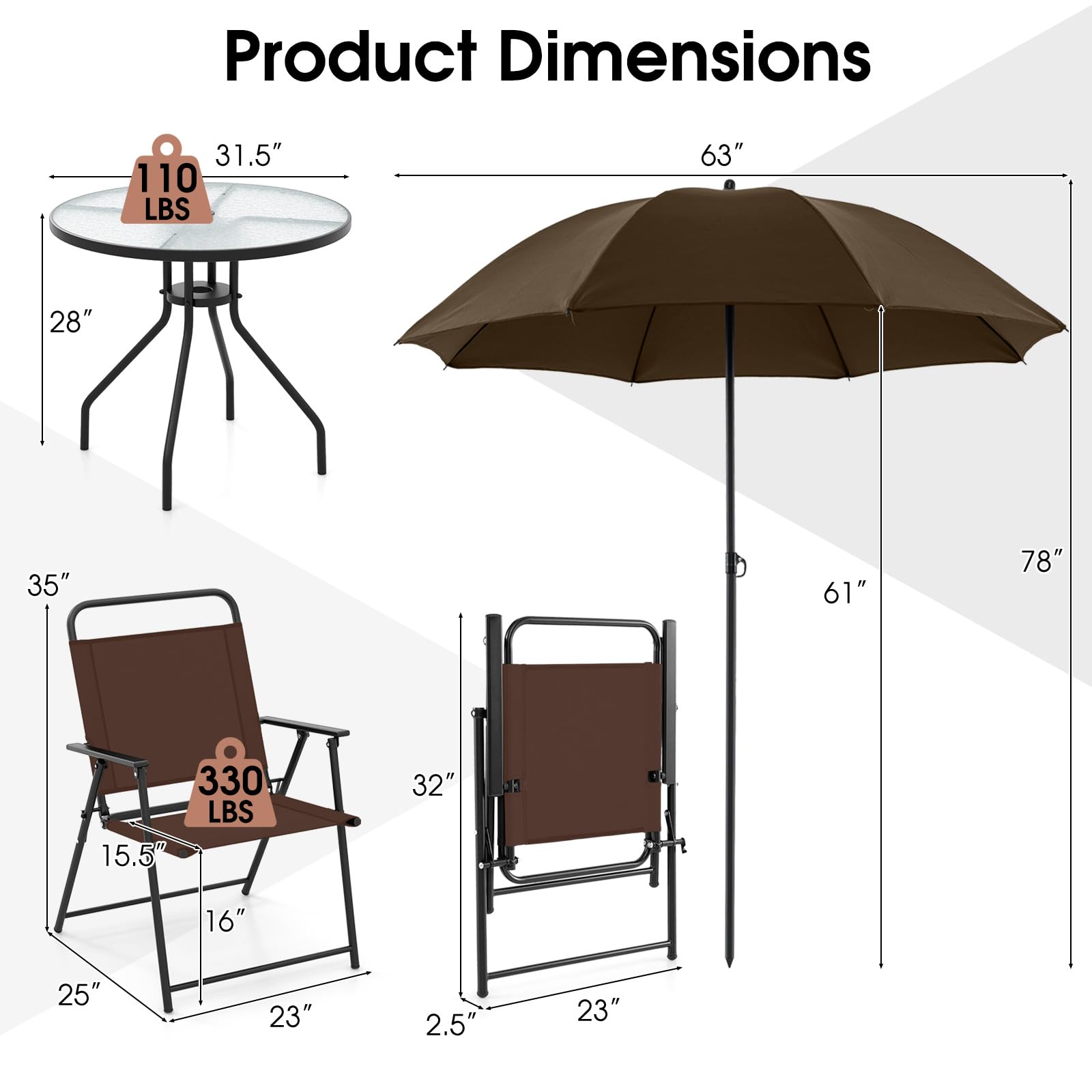 Giantex 6 Pieces Patio Dining Set, Folding Patio Chairs Set of 4, Tempered Glass Umbrella Table with Hole