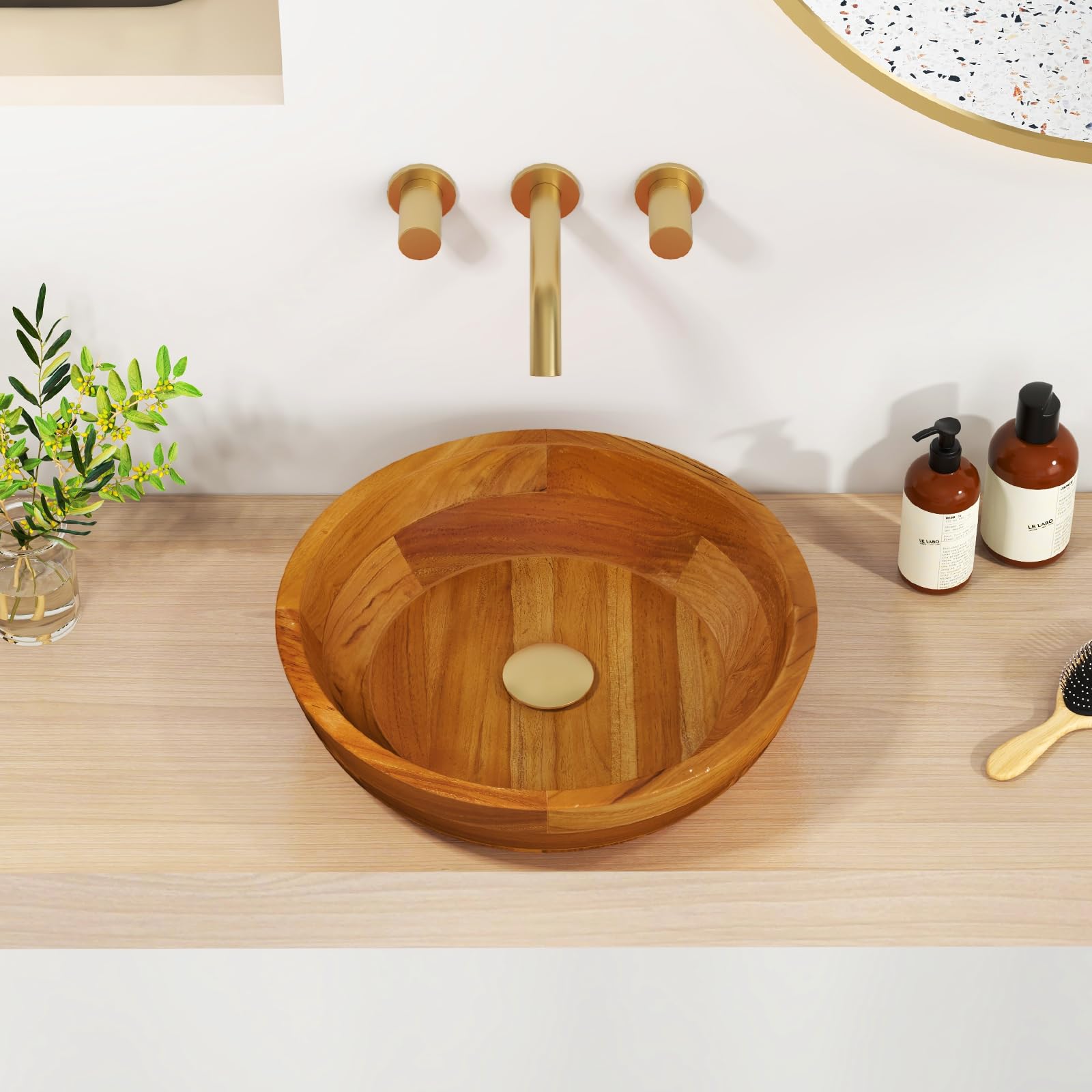 Giantex Teak Wood Vessel Sink - Bathroom Washbasin with Smooth Finish, Round Corner (16” x 16” x 4” Bowl-shaped)