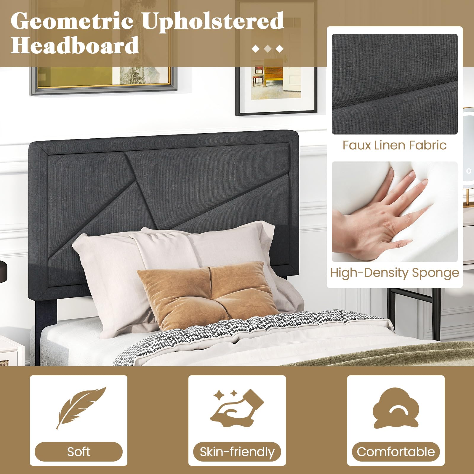 Modern Upholstered Platform Bed Frame with Geometric Tufting Headboard