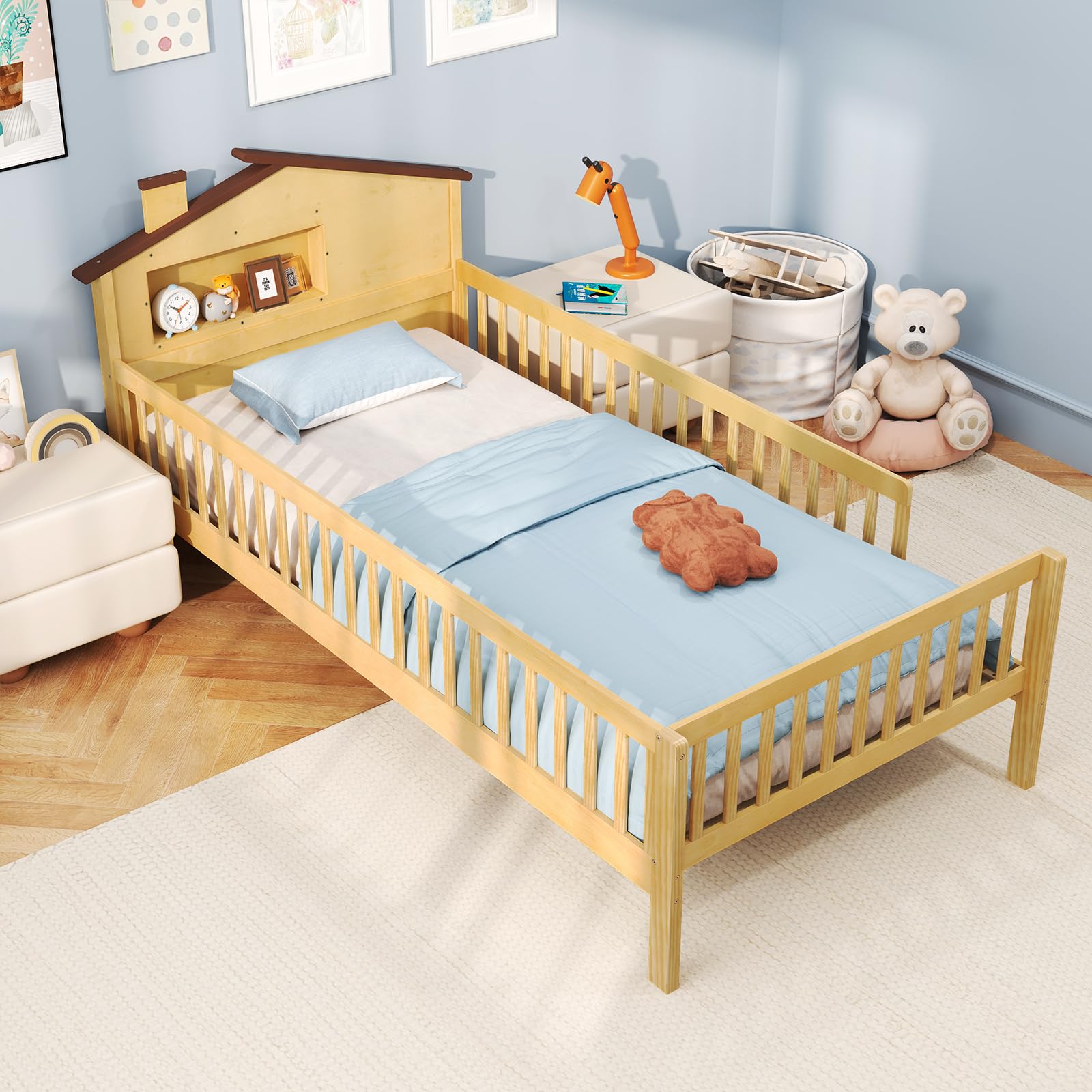 Giantex Twin Bed Frames for Kids, Solid Wood Montessori Bed with House-Shaped Headboard & Built-in Storage Shelf