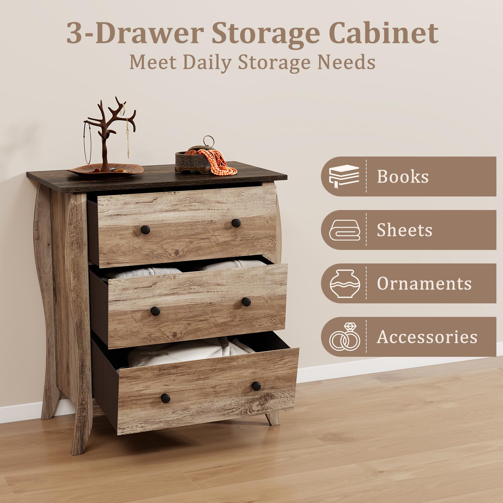 Giantex Storage Cabinet with Foldable & Detachable Fabric Drawers, Anti-Tipping Kit, 26.5” x 15” x 30” Farmhouse Floor Cabinet