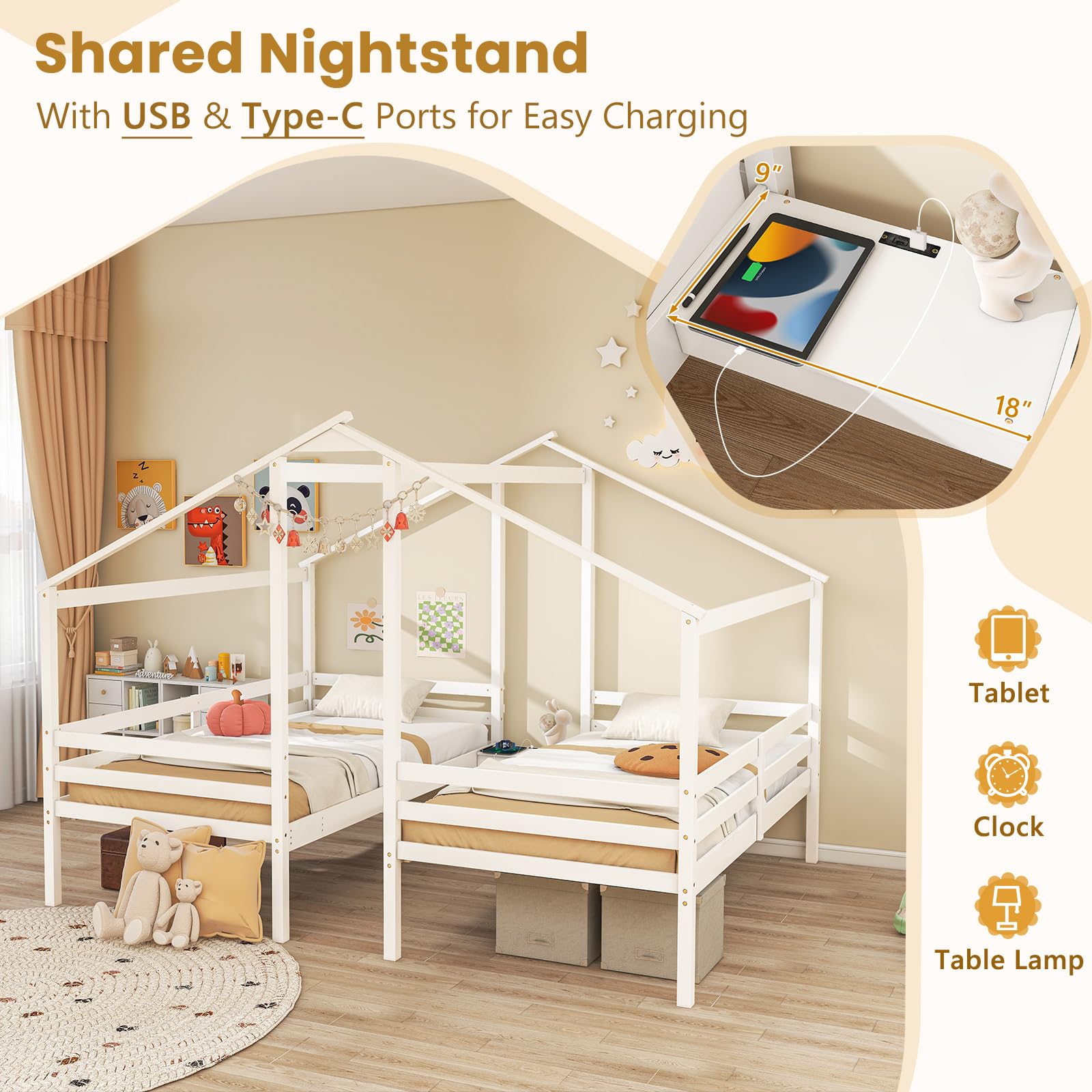 Giantex Double Twin Bed Frames for Kids, Wood House Shaped Platform with Built-in Nightstand & USB Port