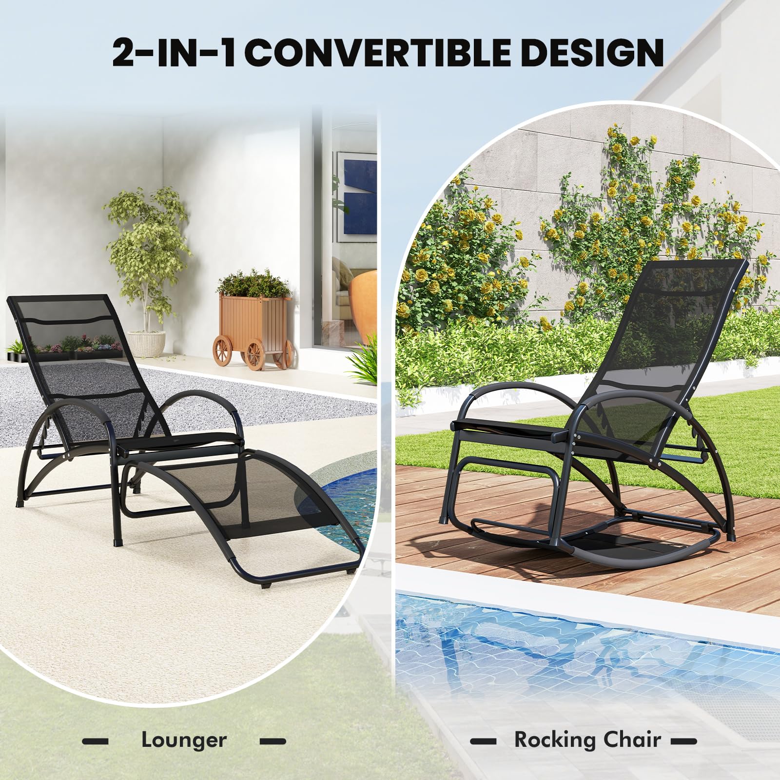 Giantex 2-in-1 Outdoor Rocking Chair, Convertible Lounge Chair with 4-Position Adjustable Backrest