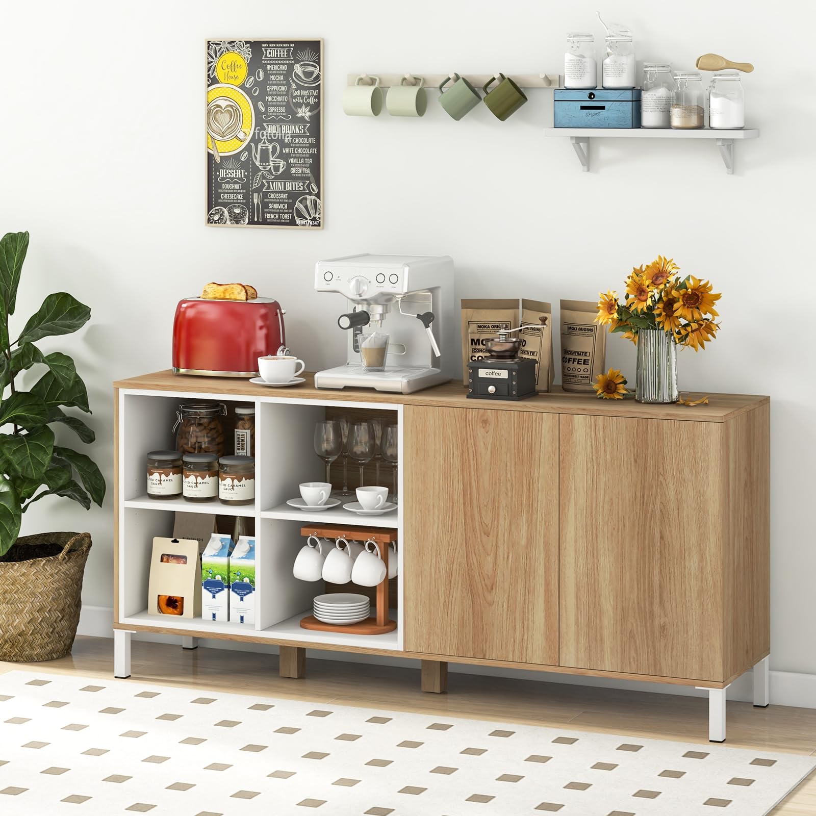 Giantex 63” Buffet Cabinet with Storage, Farmhouse Kitchen Sideboard w/ 4 Cubes, Adjustable Shelves & Pop-up Doors