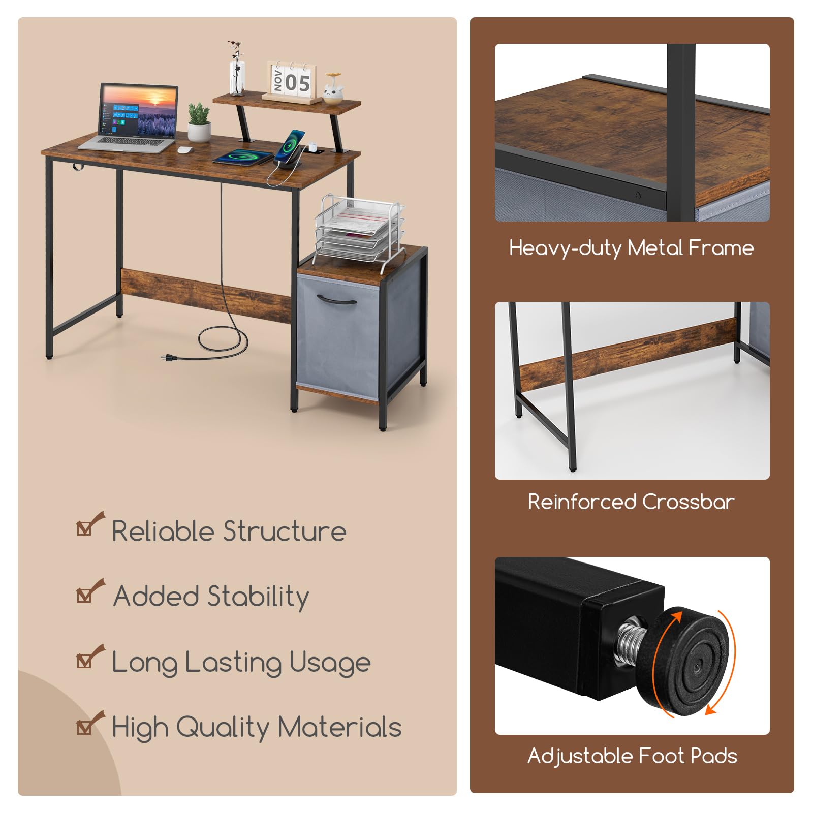 Giantex Computer Desk with Drawer and Power Outlet, Home Office Desk with Reversible Storage Drawer