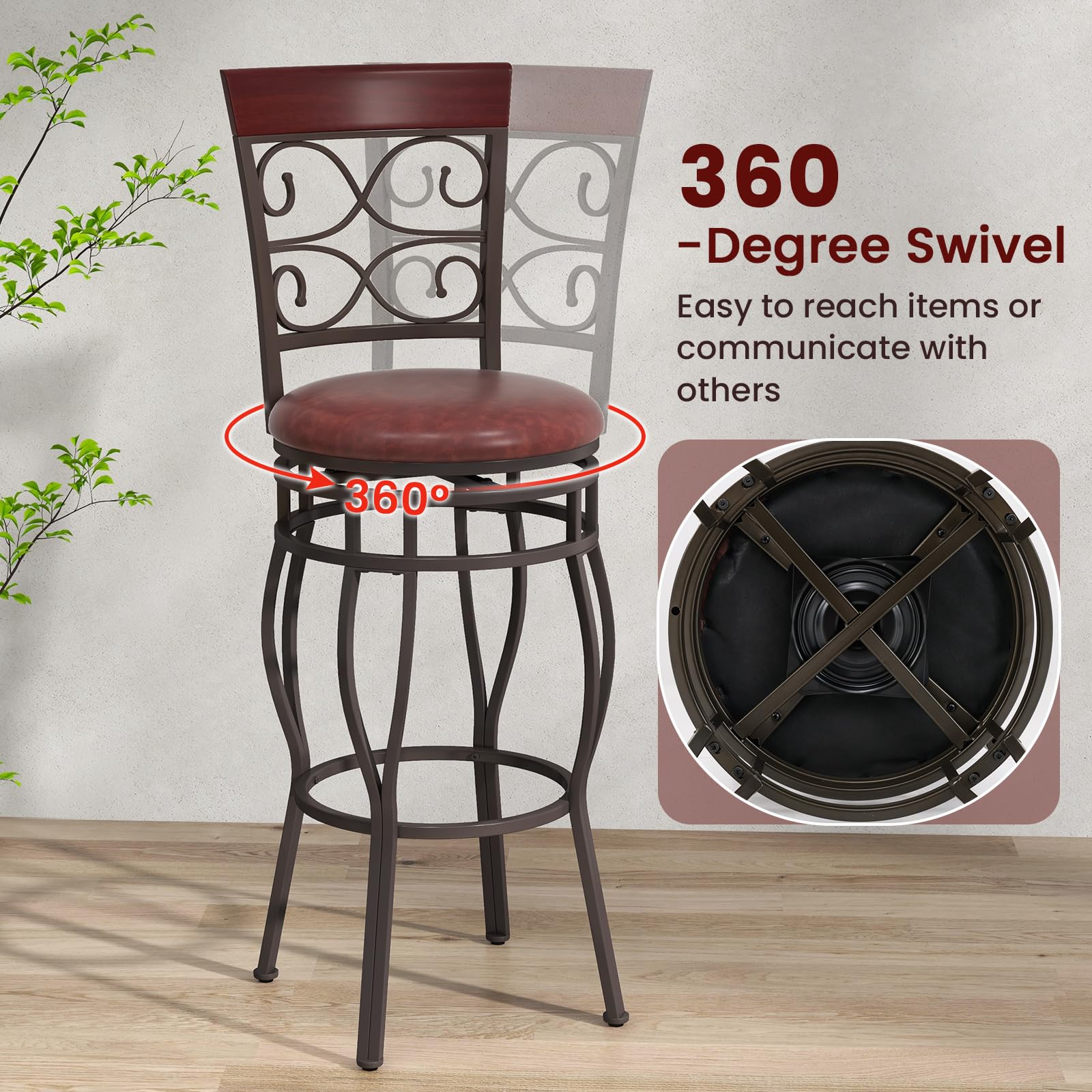 Giantex 30" Swivel Bar Stools Set of 2, Bar Height Bar Stools w/Back, Upholstered PU Leather Seat, Footrest, Rustic Brown