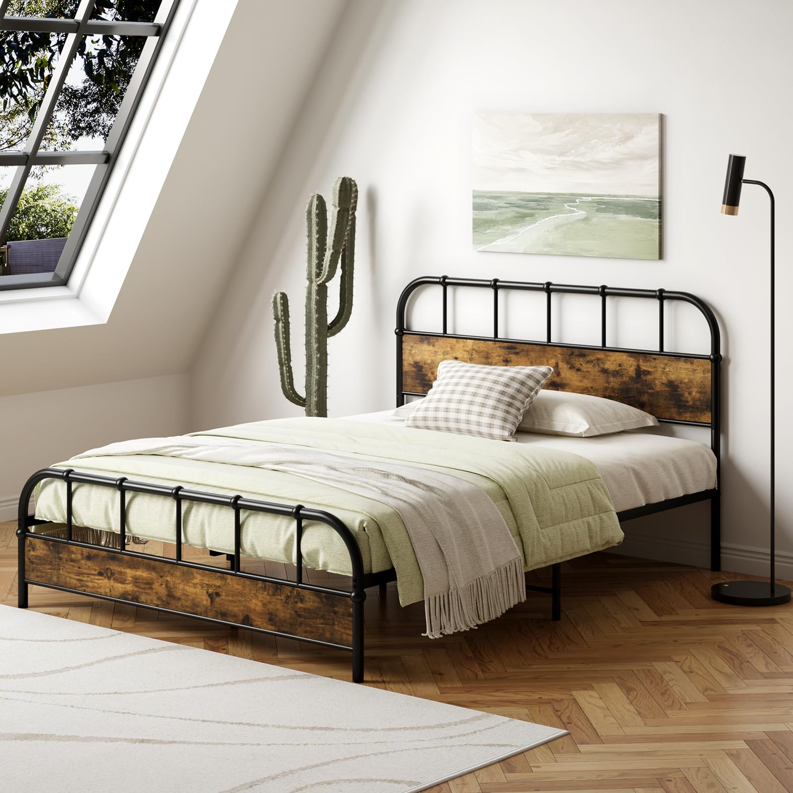 Giantex Queen Size Metal Bed Frame with Wood Headboard, Industrial Platform Bed Frame with Heavy Duty Metal Slat