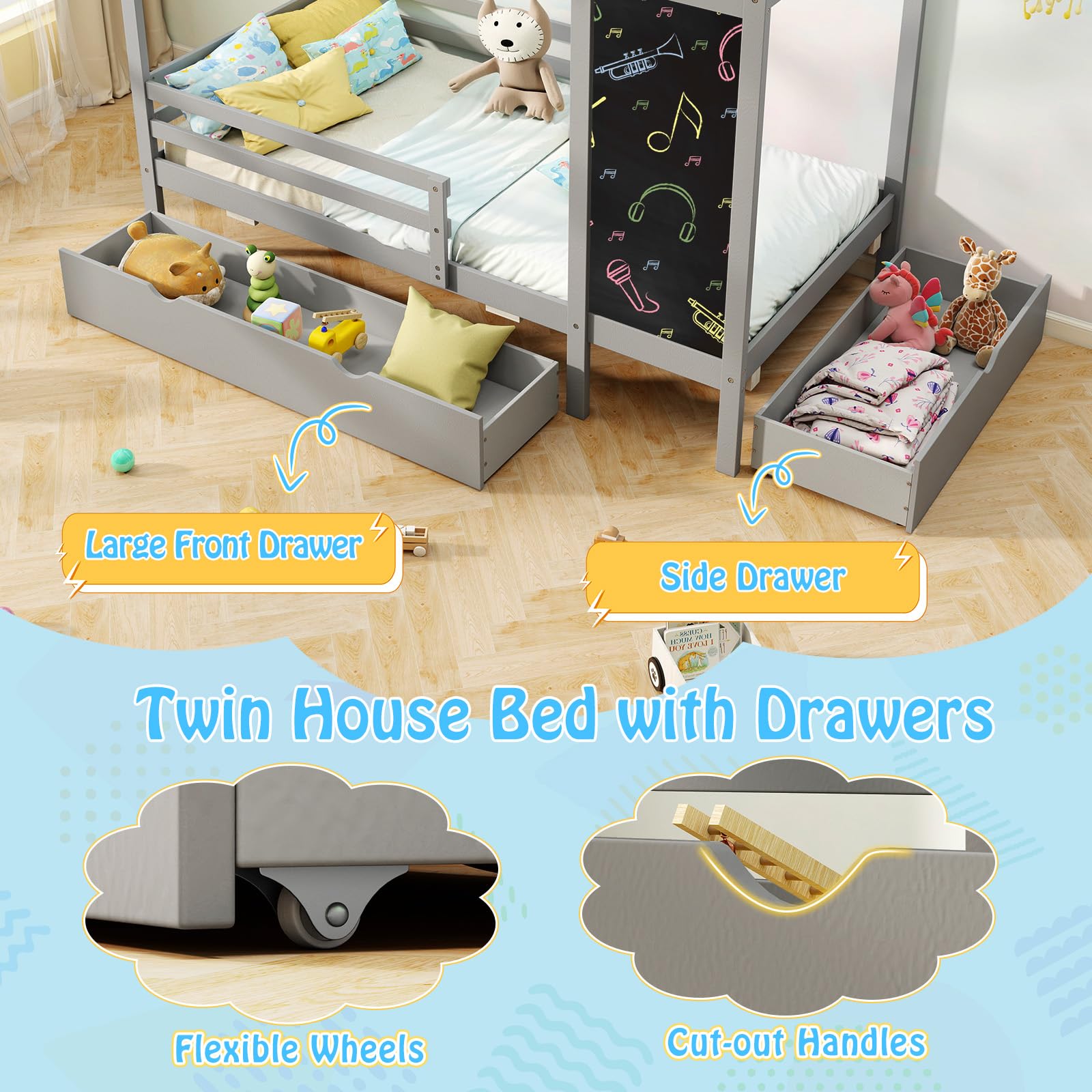 Giantex Twin Bed with 2 Storage Drawers, Solid Wood House Bed with Blackboard & Safety Guardrails