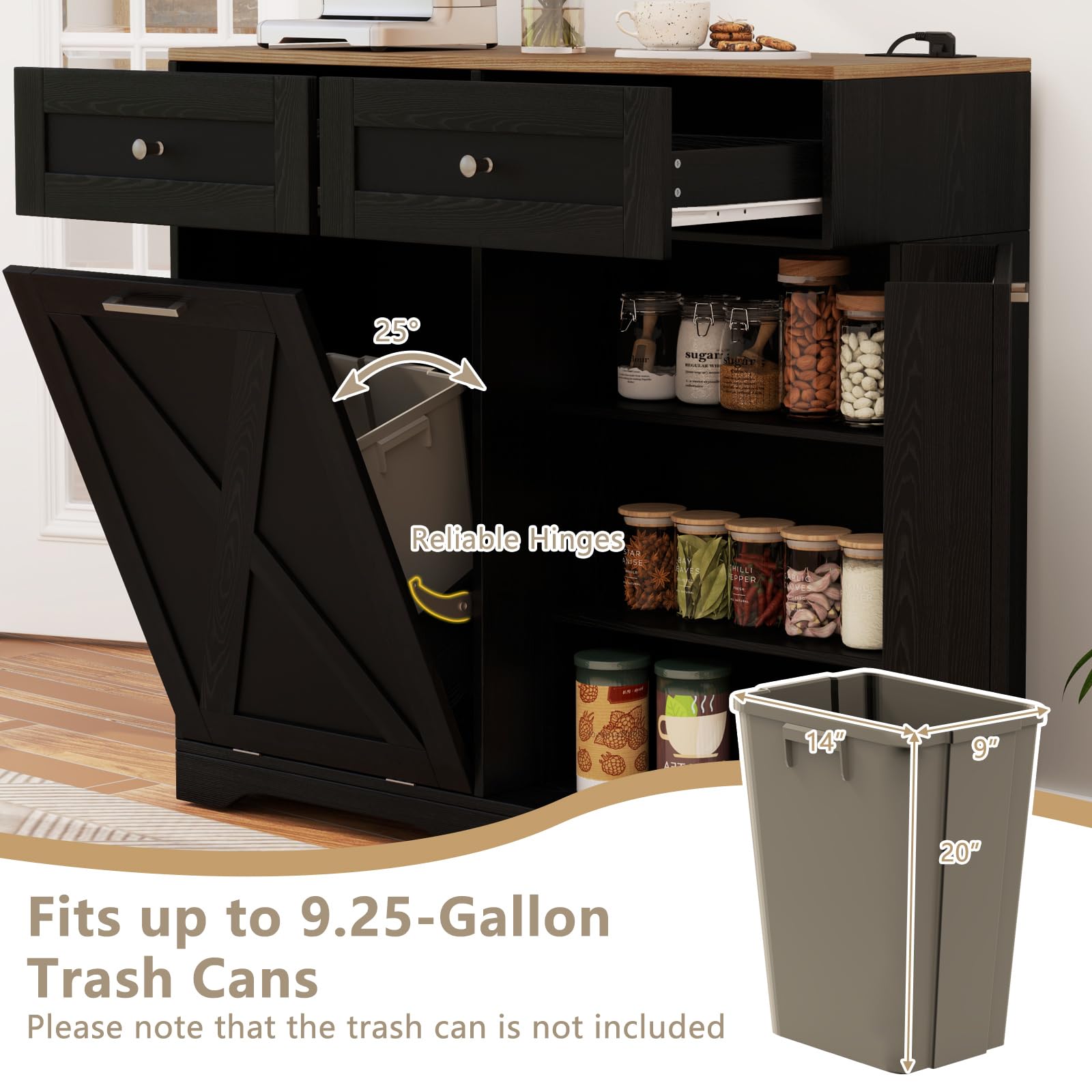 Tilt Out Trash Can Cabinet 9.25 Gallon, Kitchen Island with Power Outlet