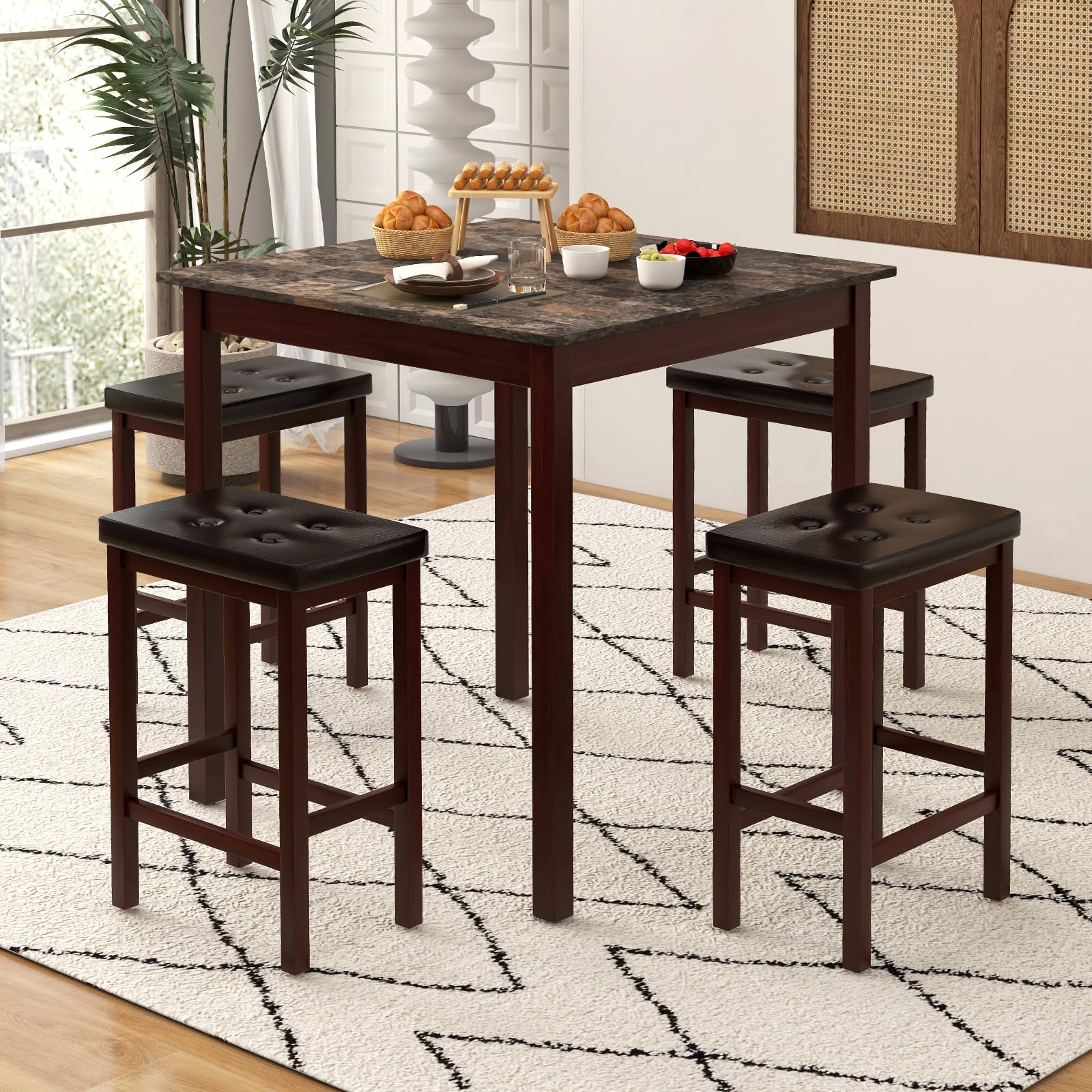 Giantex Dining Table Set for 4, Kitchen Table Chairs Set of 4, Counter Height Dining Table Set with 4 Bar Stools