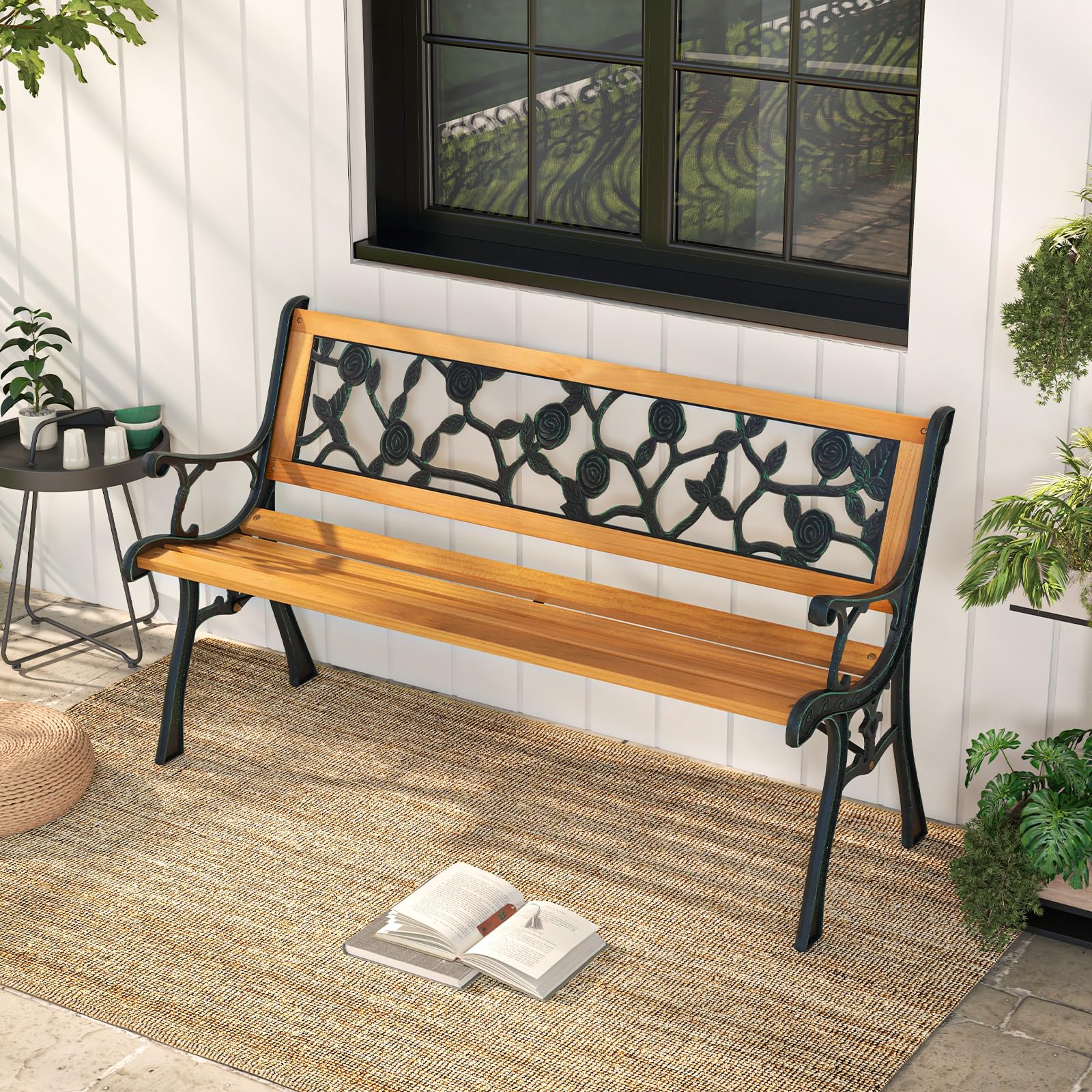 Giantex Outdoor Bench, 3-Person Park Bench with Slatted Seat, Curved Armrests, Floral Pattern Backrest