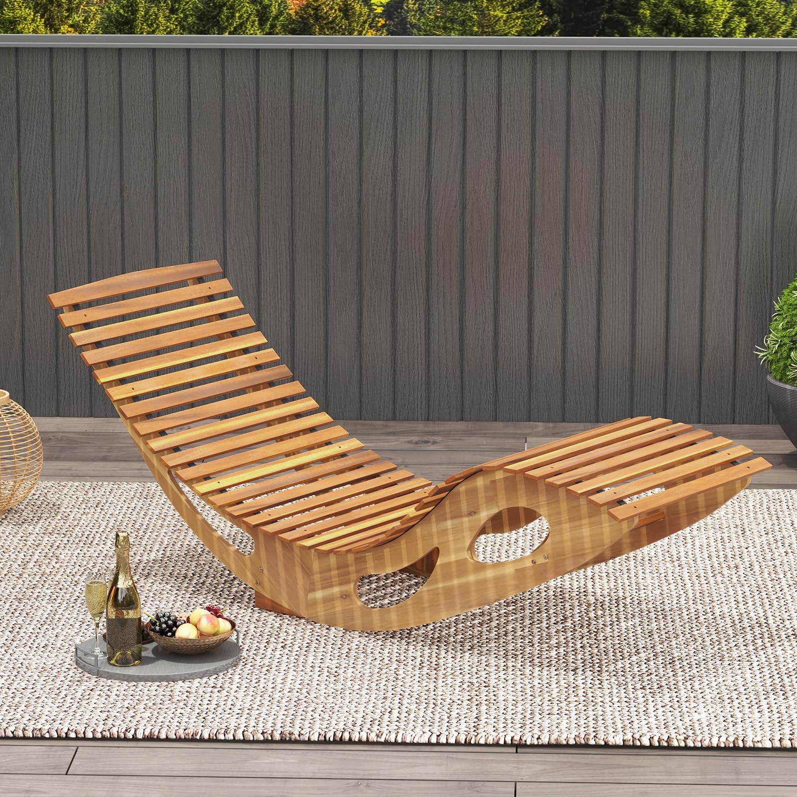 Giantex Acacia Wood Outdoor Rocking Chair, Patio Lounge Chair with Ergonomic Curved & Slatted Seat, High Back