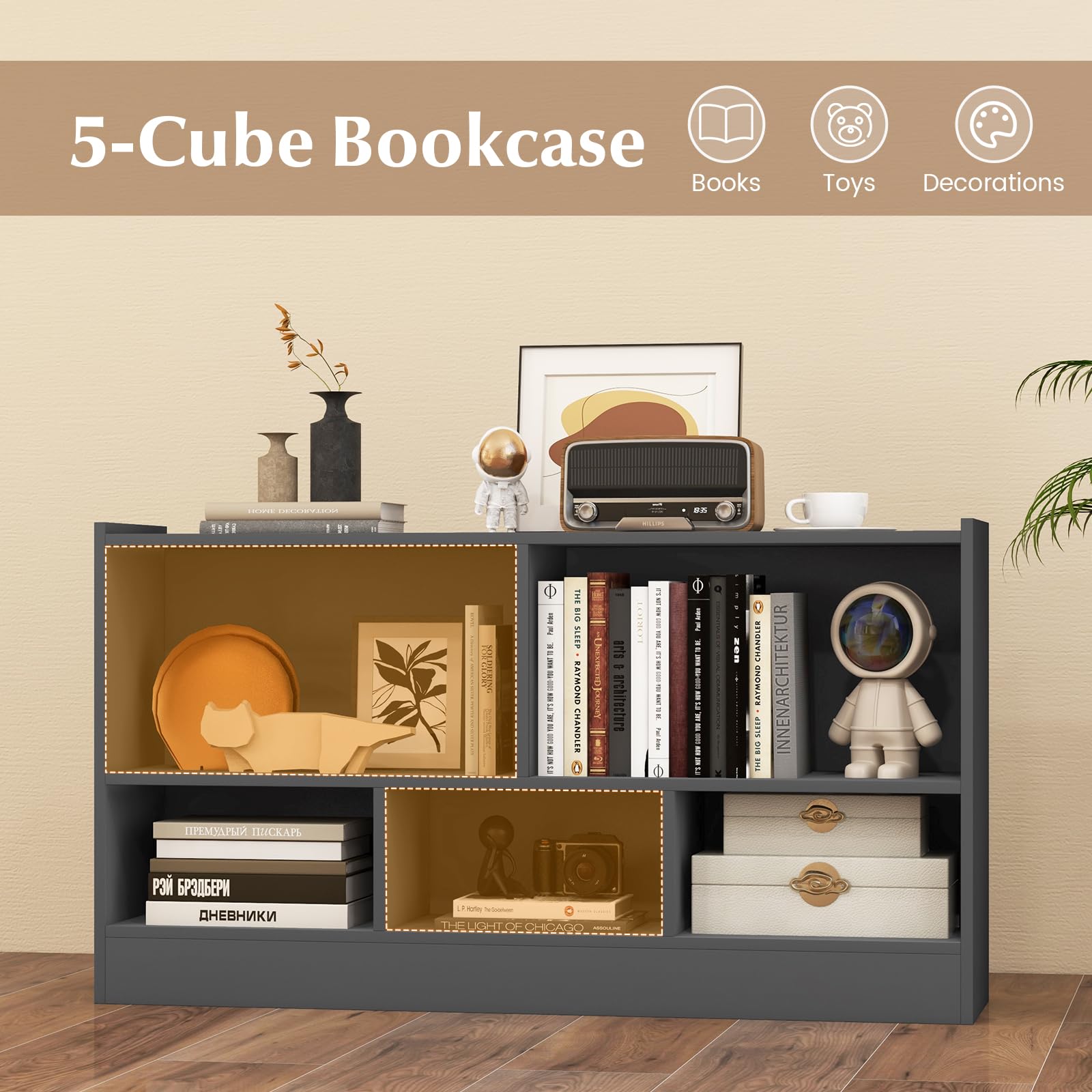 Giantex 5-Cube Bookcase, Freestanding 3-Tier Bookshelf with Spacious Top & Raised Base