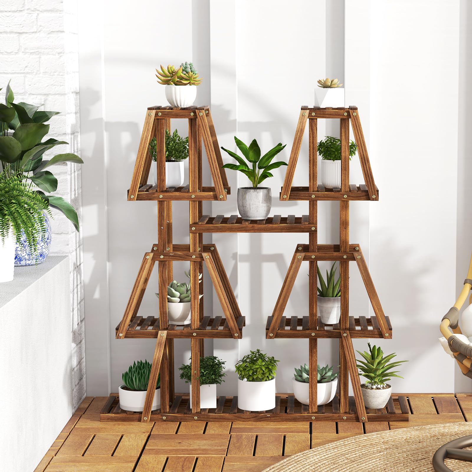 Giantex Wood Plant Stand, 5-Tier 10 Potted Trapezoid Plant Holder Rack for Multiple Plants