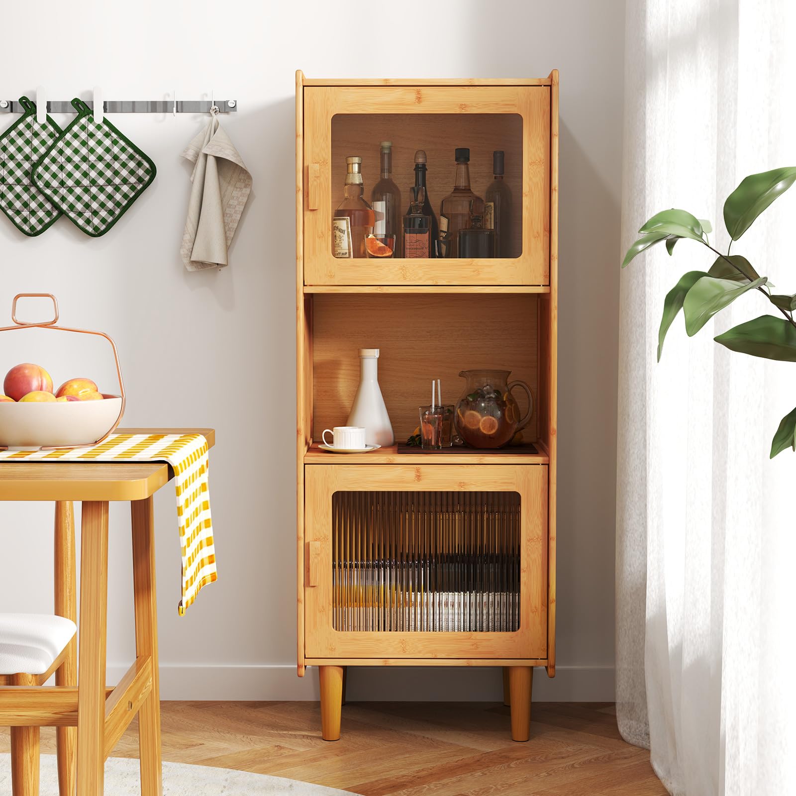 Giantex Bamboo Storage Cabinet, 3-Cube Bookcase, Freestanding Liquor Display Sideboard with 2 Single Doors