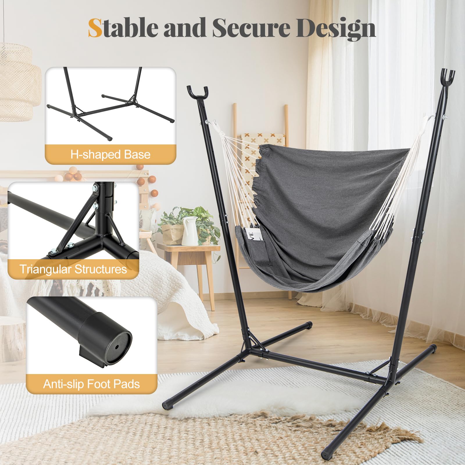 Giantex Hammock Chair with H-Shaped Stand - Heavy Duty Swing Chair with 6-Position Adjustable Height and Side Pocket