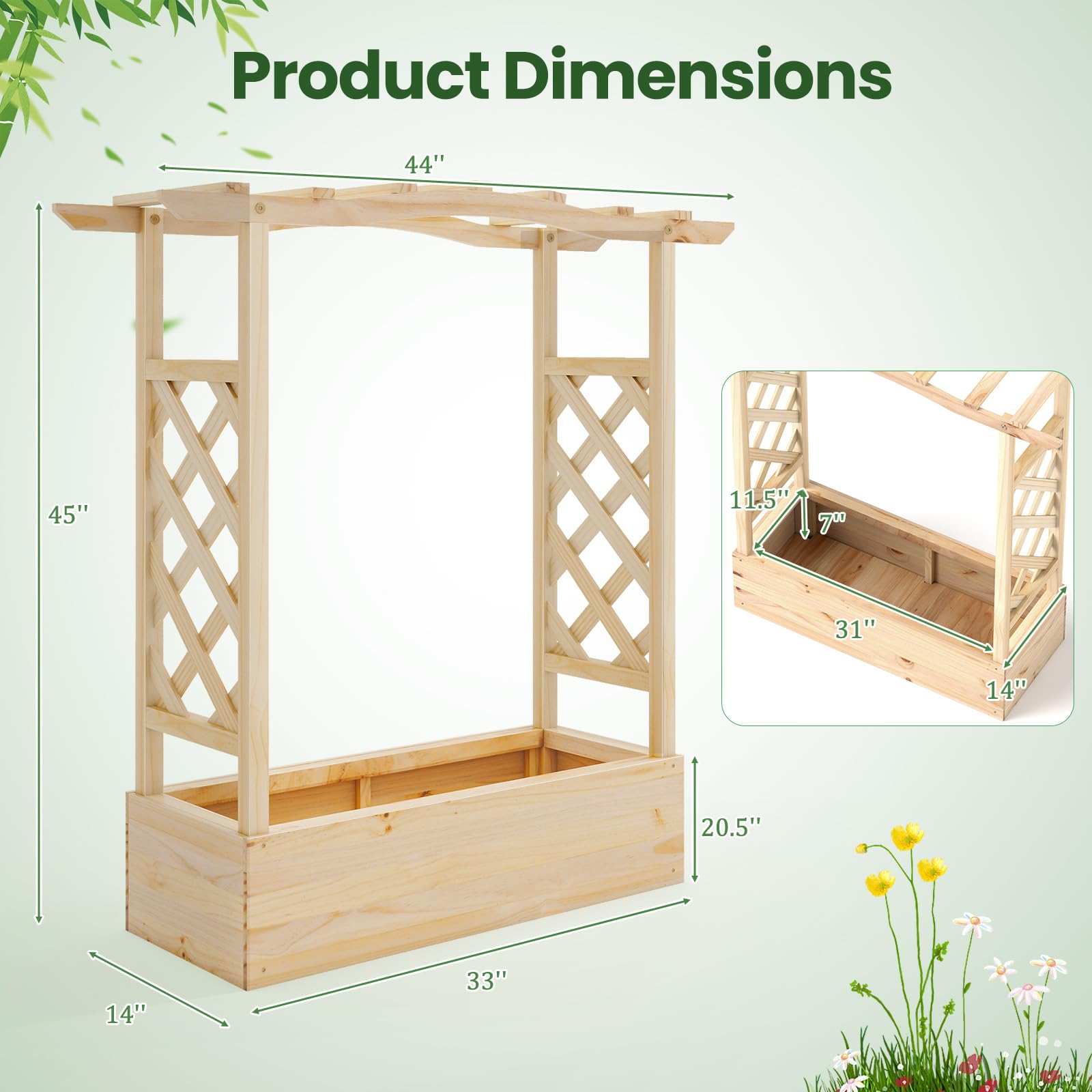 Giantex Raised Garden Bed with Sided Trellis & Hanging Roof, Wood Planter Box, 44”x14”x45” (L x W x H)