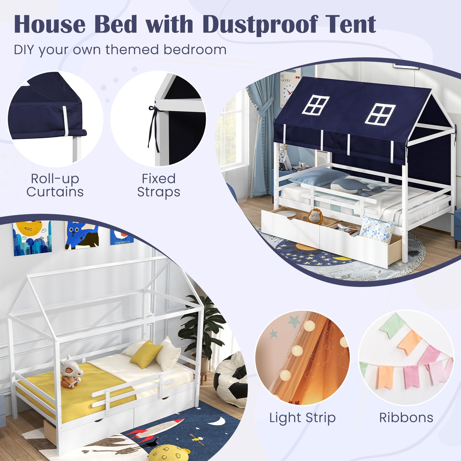 Giantex Twin House Bed with Tent, Wood Kids Bed with 2 Storage Drawers, Solid Wood Daybed Frame with Rails and Roof