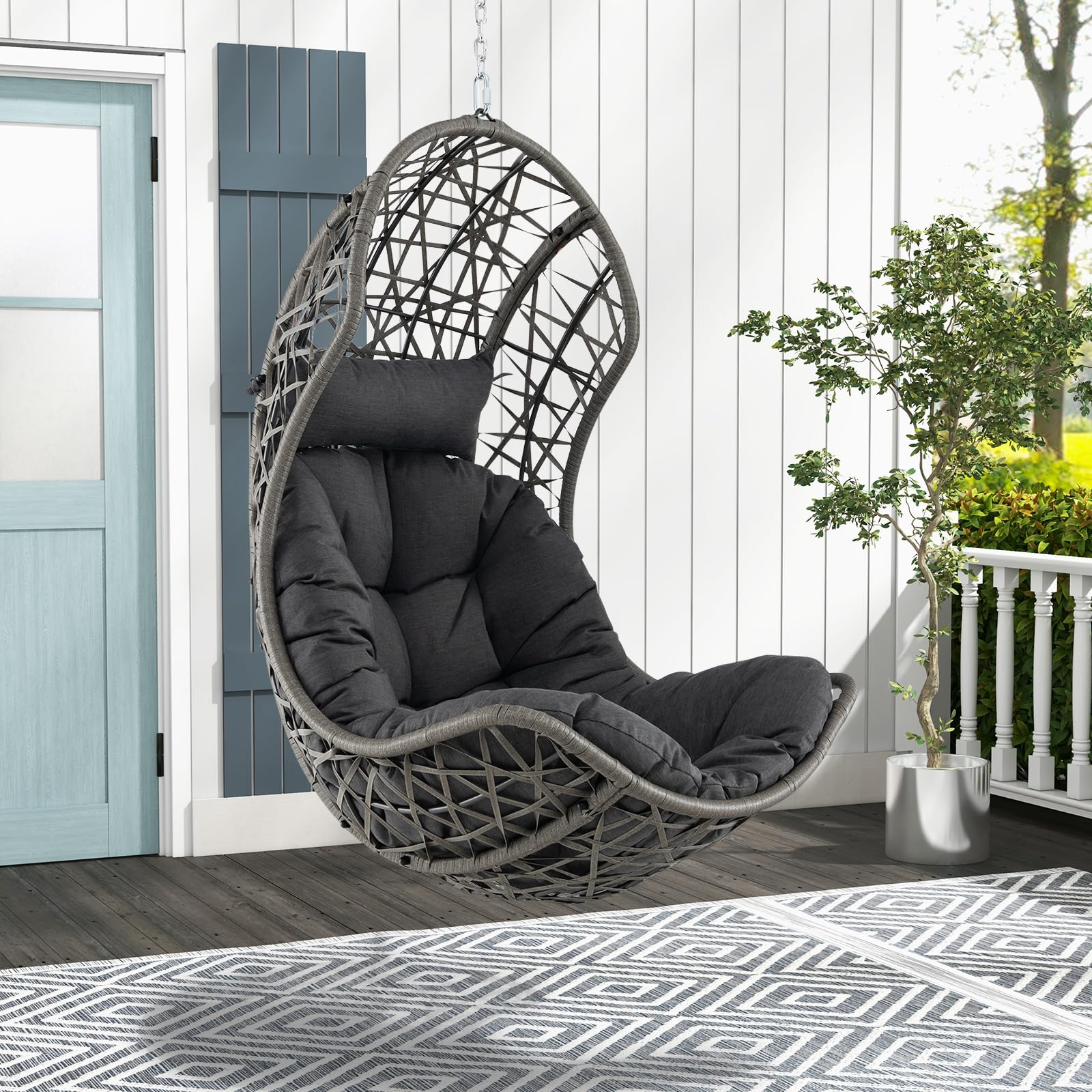 Giantex Swing Egg Chair Outdoor - PE Rattan Hammock Chair with Soft Pillow, Cushion, Metal Frame, Hanging Accessories