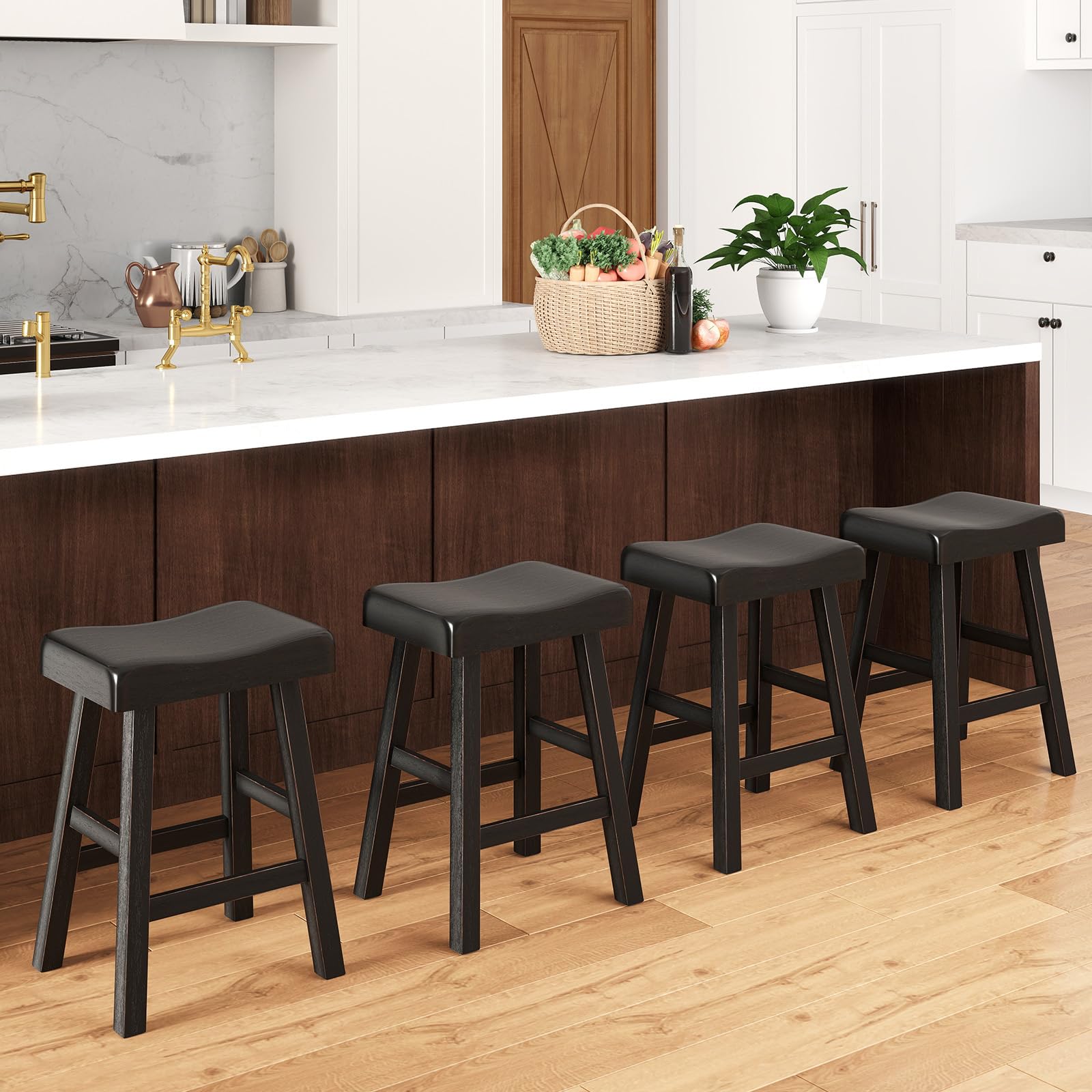 Giantex 24" Bar Stools Set, Counter Height Saddle Bar Stools w/Footrests, Acacia Wood Seats, Rubber Wood Crossbars