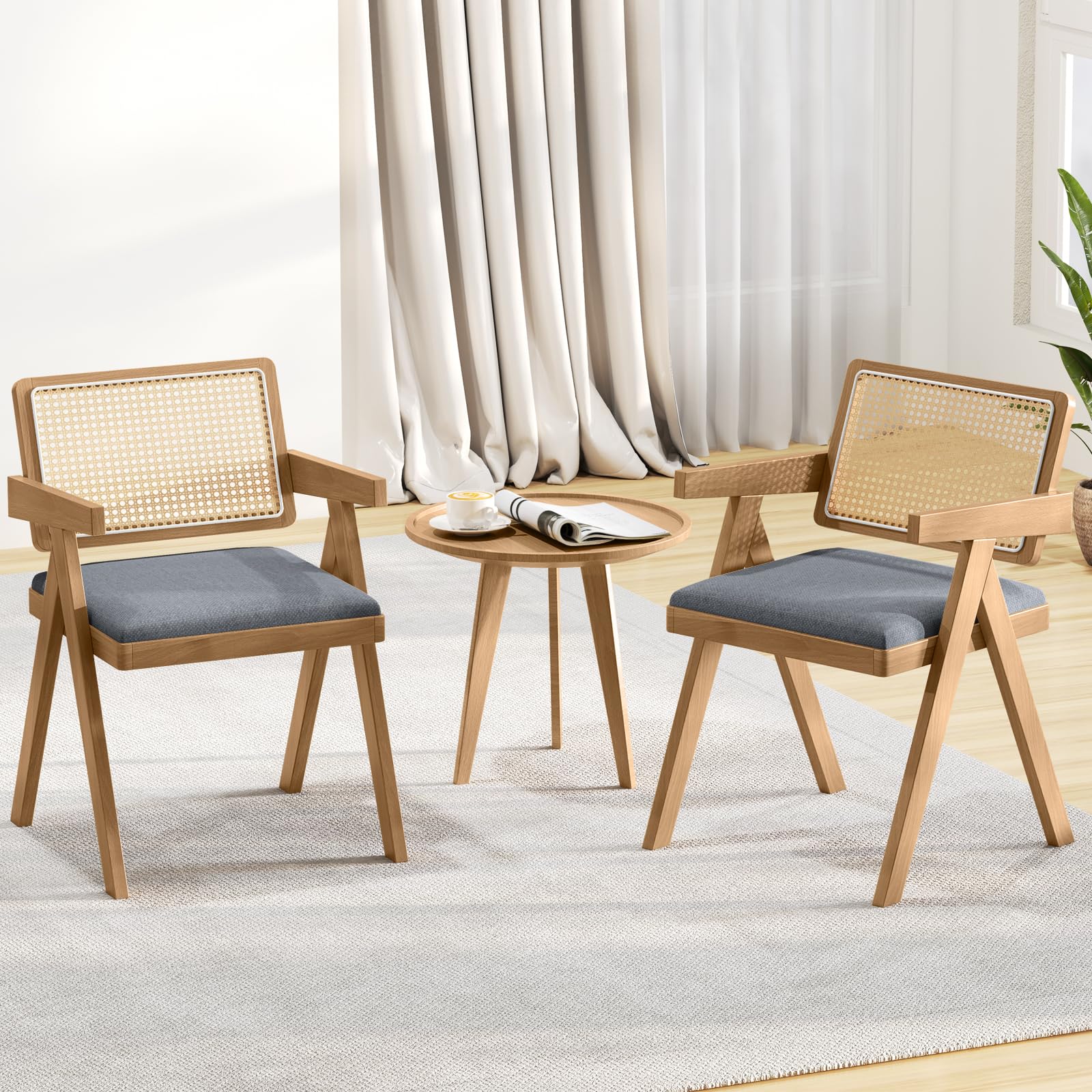 Giantex Rattan Dining Chairs, Leathaire Kitchen Chairs w/Armrests & Padded Cushion