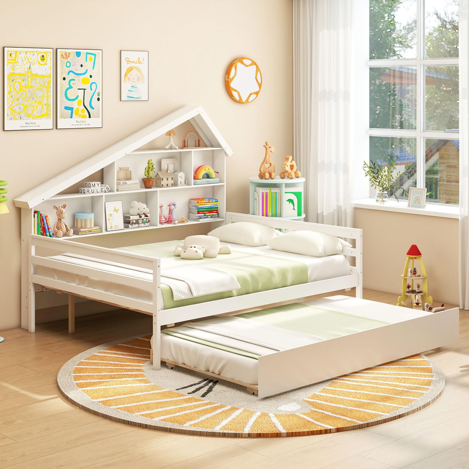 Giantex Full House Bed with Twin Trundle, Wood Daybed with 5 Cube Storage Bookcase & Headboard