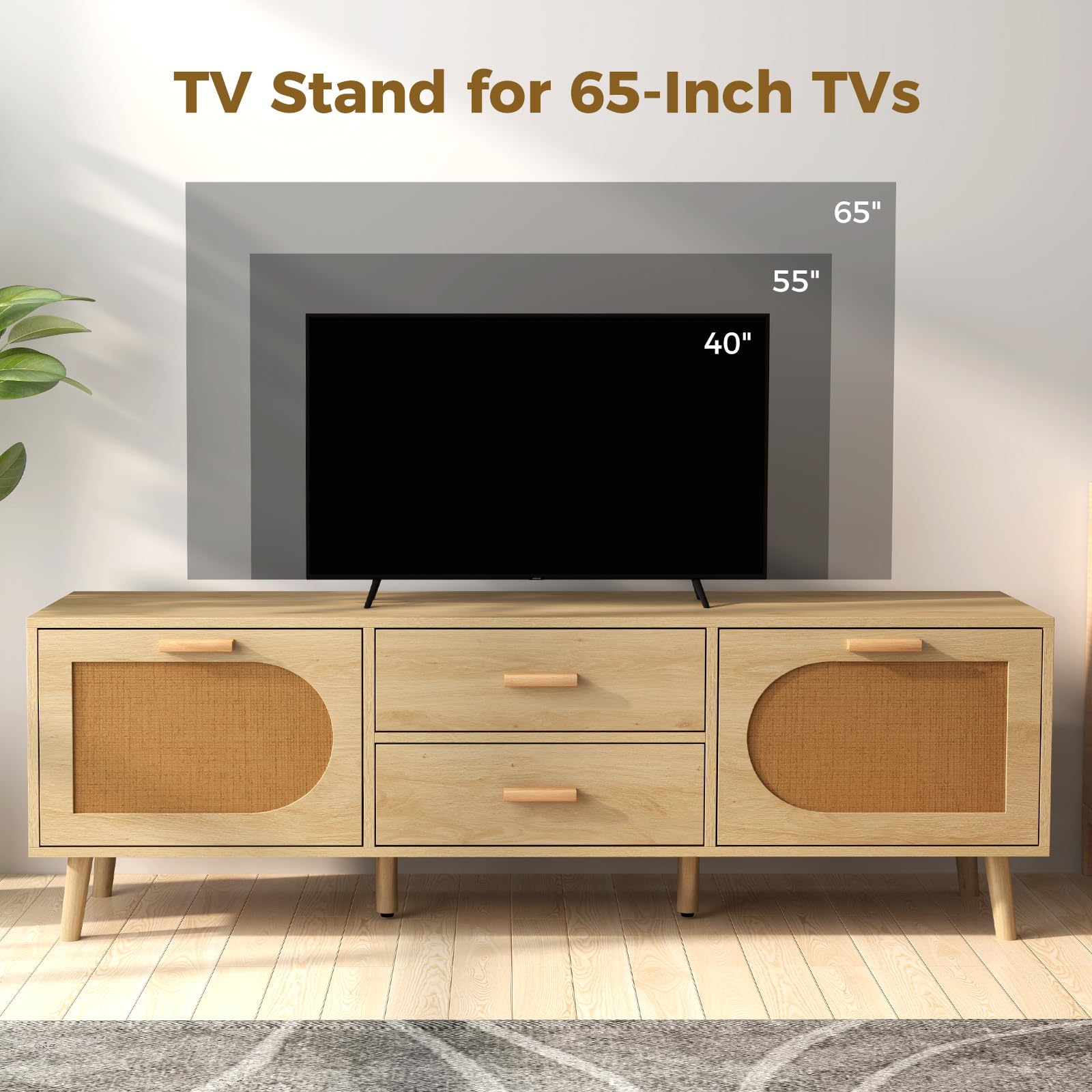 Giantex Rattan TV Stand for TVs up to 65 Inch, 59" TV Console Cabinet with Drawers & Solid Wood Legs