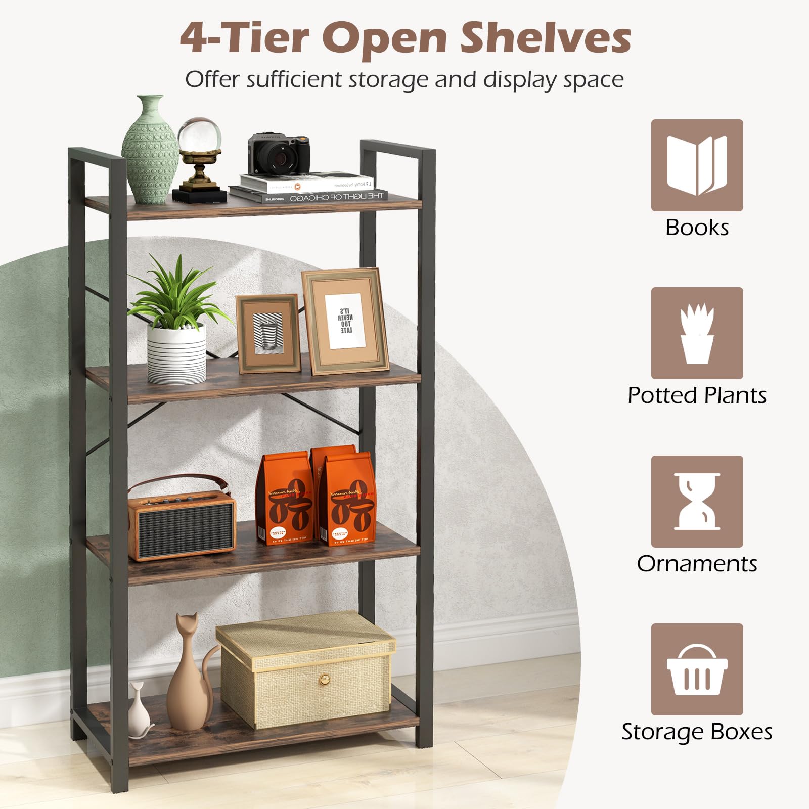 Giantex 4-Tier Bookshelf, Industrial Bookcase with Open Shelves, Metal Frame, 2 Anti-Toppling Kits