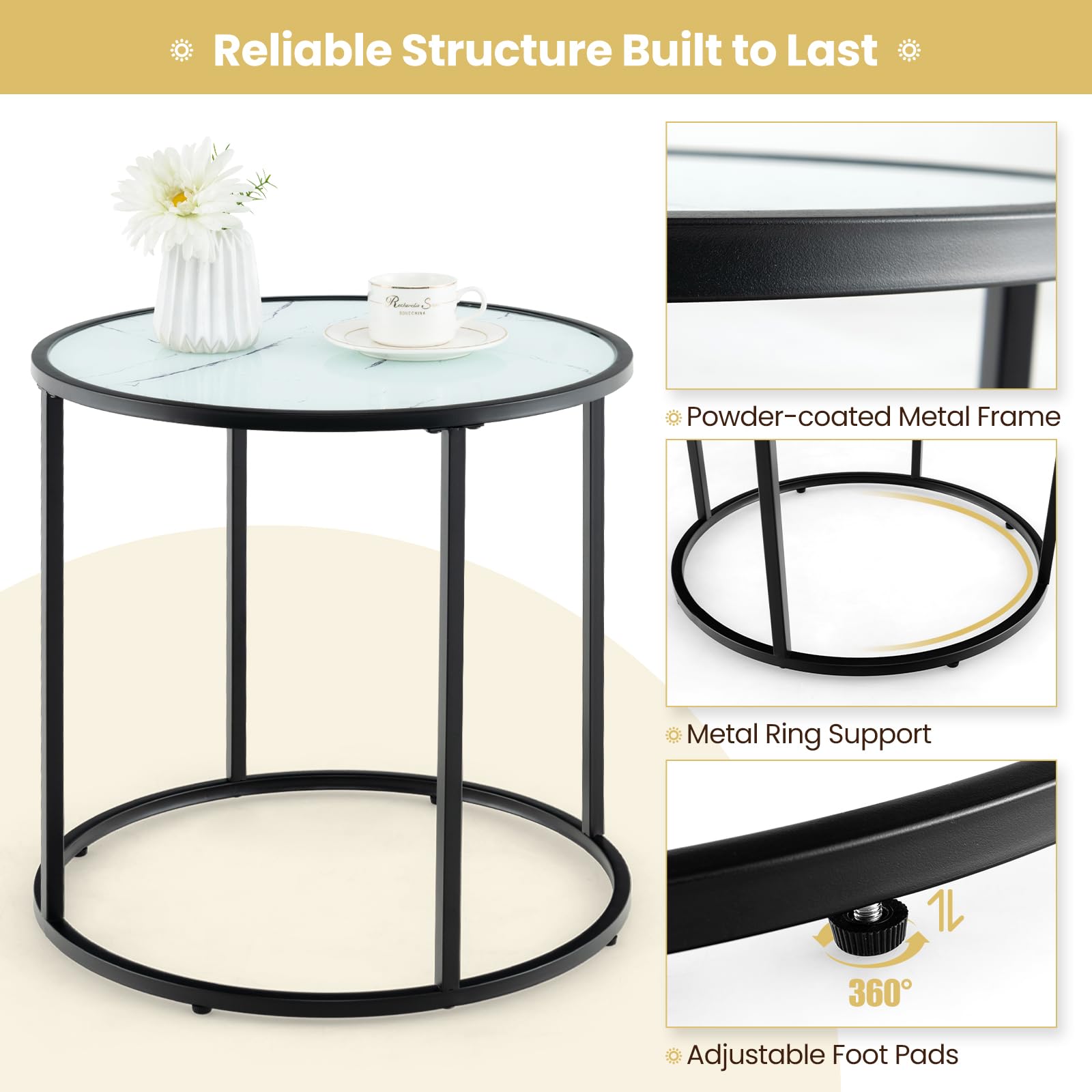 Giantex Round Side Table, Tempered Glass End Table with Metal Frame