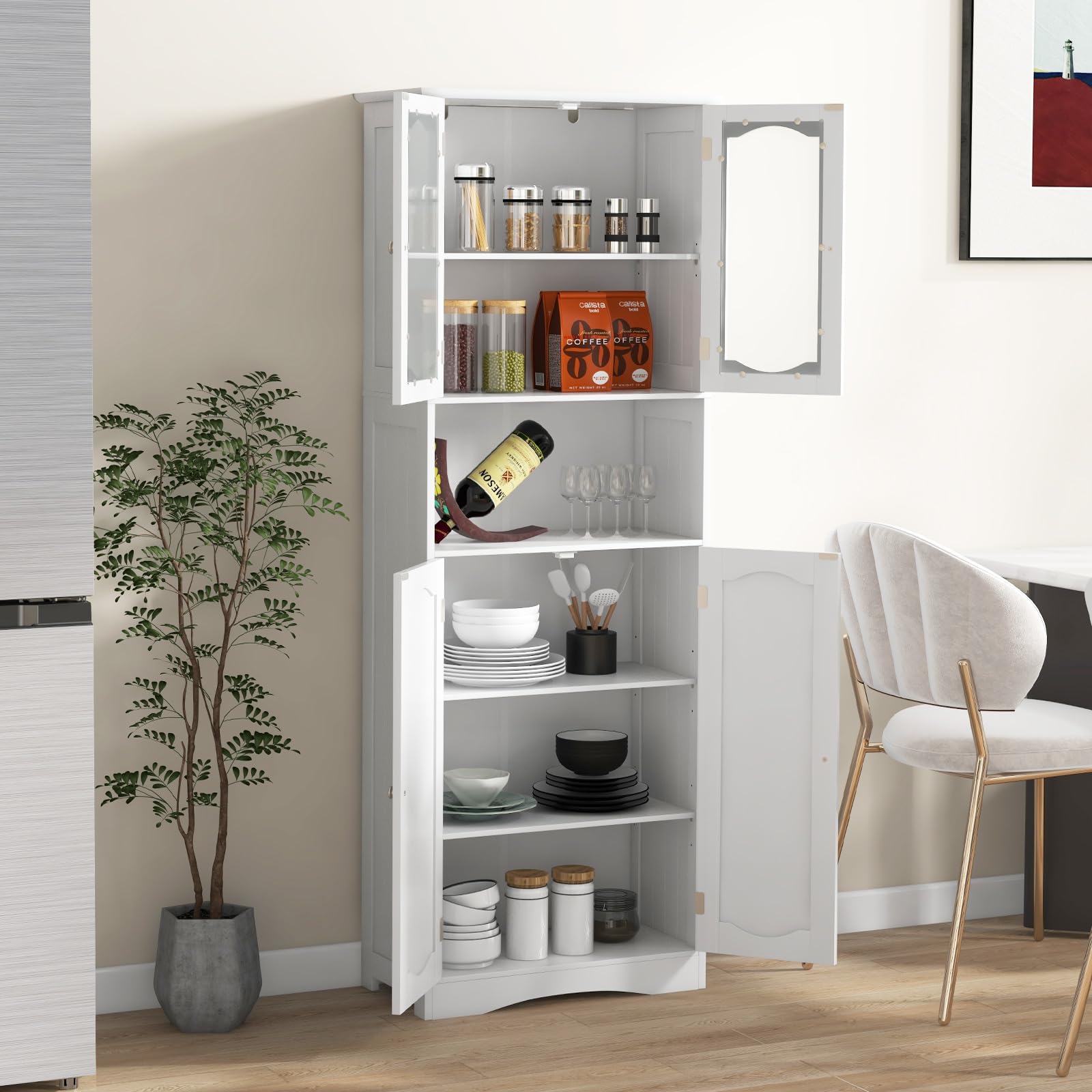 Giantex 64.5" Tall Bathroom Cabinet, Pantry Cabinet with Tempered Glass Doors, Adjustable Shelves