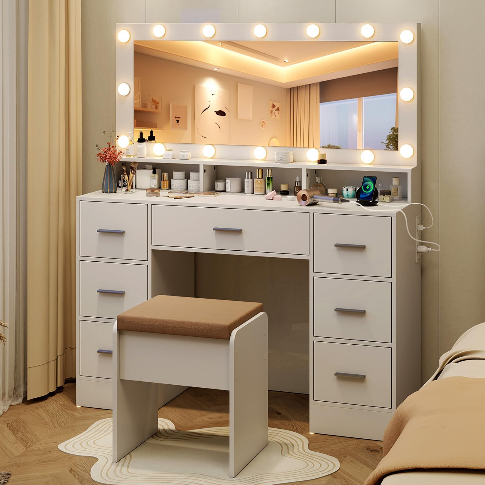 Vanity Desk with Large Mirror and Lights, 46.5" Makeup Vanity Desk with 7 Drawers