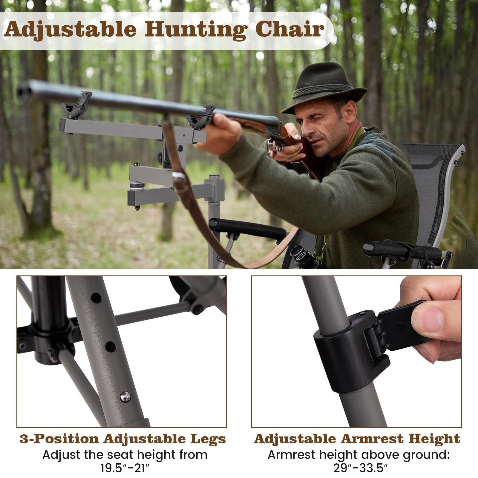 Giantex 360° Swivel Hunting Chair with Gun Rest, Adjustable Armrests, Telescopic Legs, All-Terrain Duck Feet