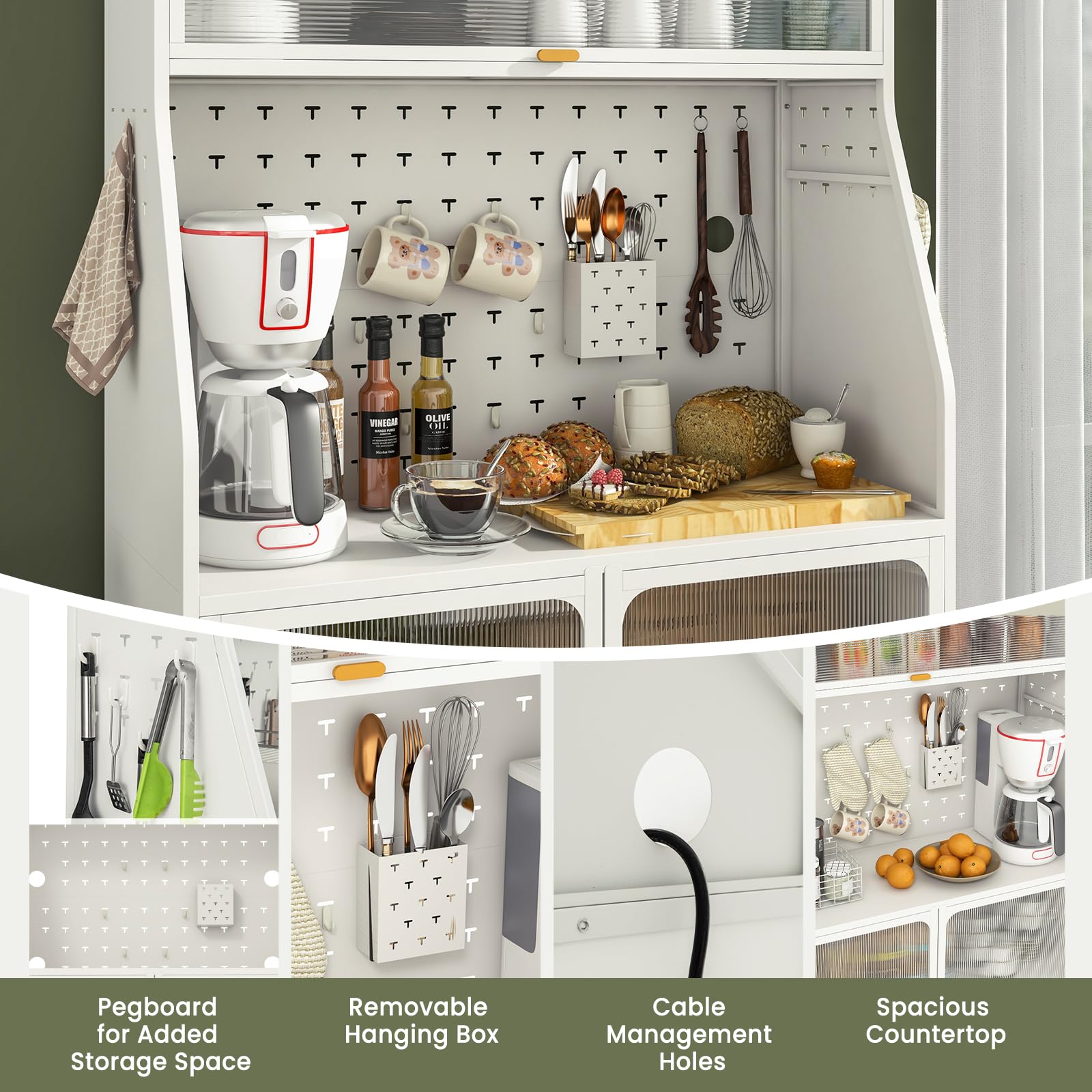 Giantex Pantry Organizers and Storage, 63.5" H Kitchen Buffet Cabinet with Hutch, Pegboard