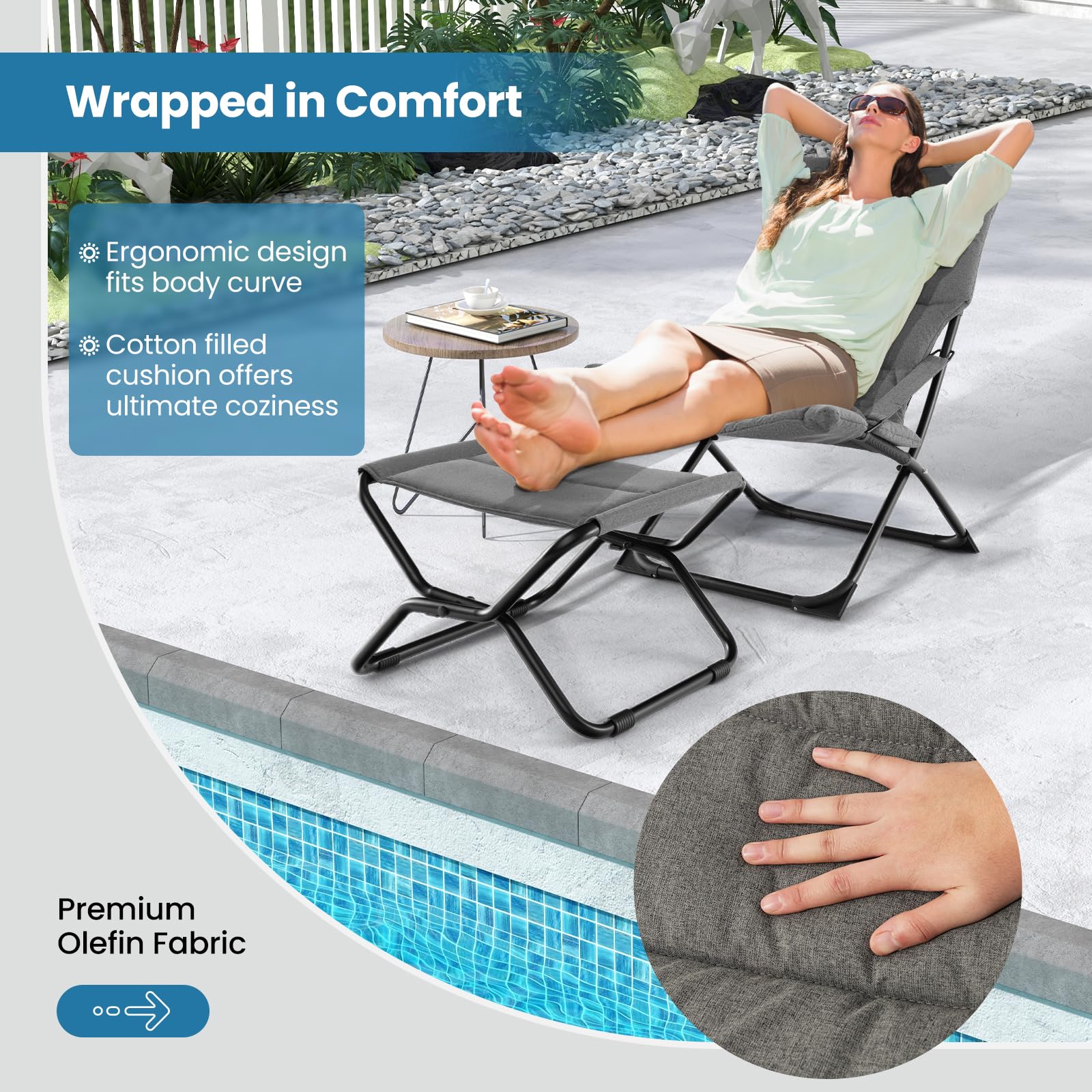 Giantex Patio Folding Chairs with Footrest, Outdoor Lounge Chair with Removable Cushion