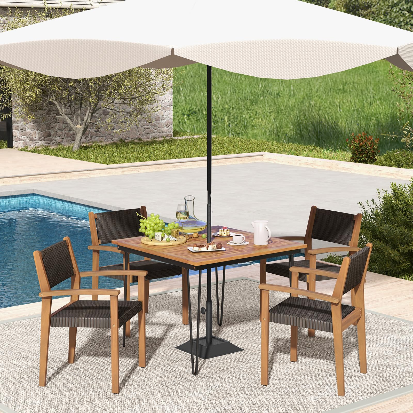 Giantex Stackable Outdoor Wicker Dining Chair Set, Rattan Armchairs w/Acacia Wood Frame