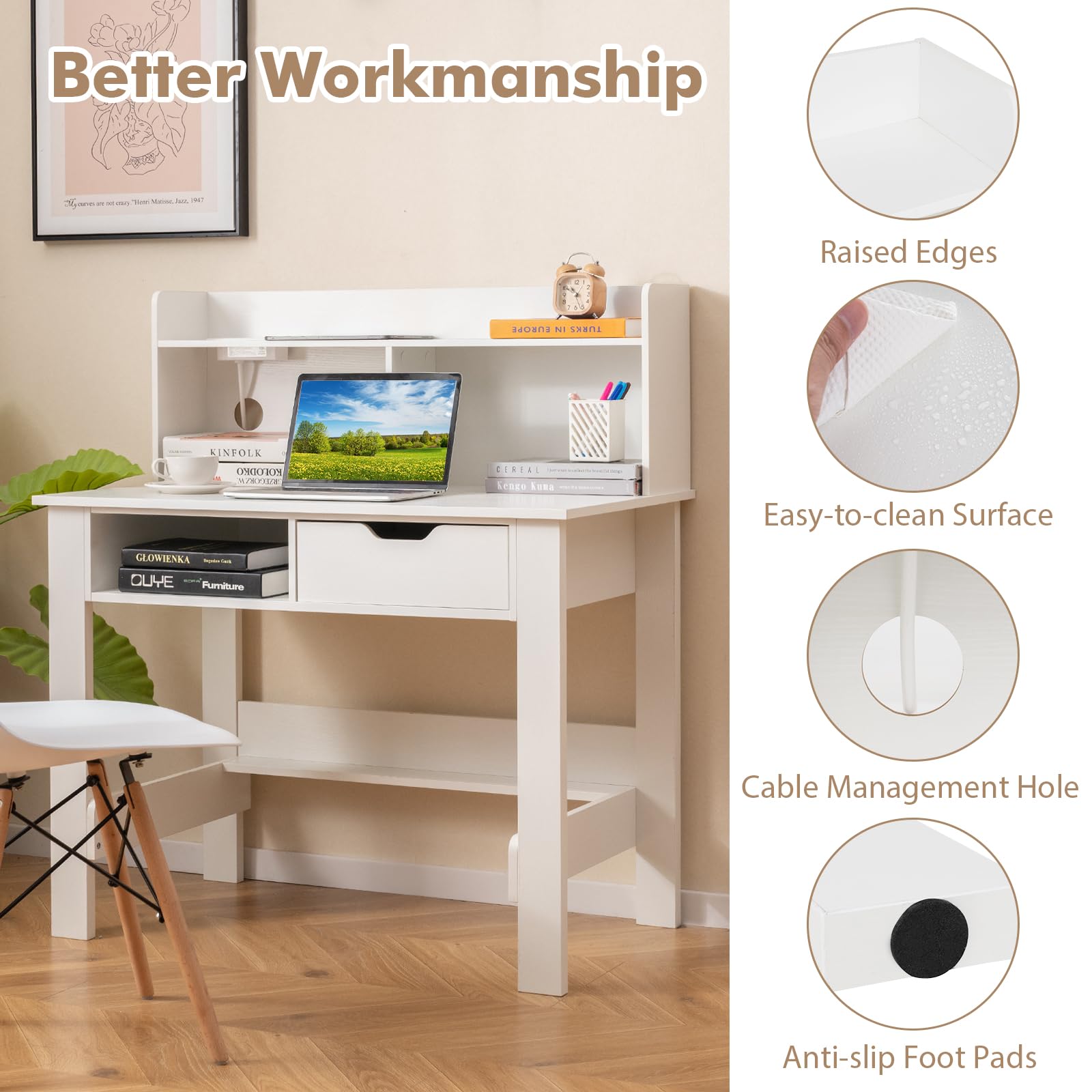 Giantex White Computer Desk with Hutch, Home Office Desk with Power Outlets, USB Ports