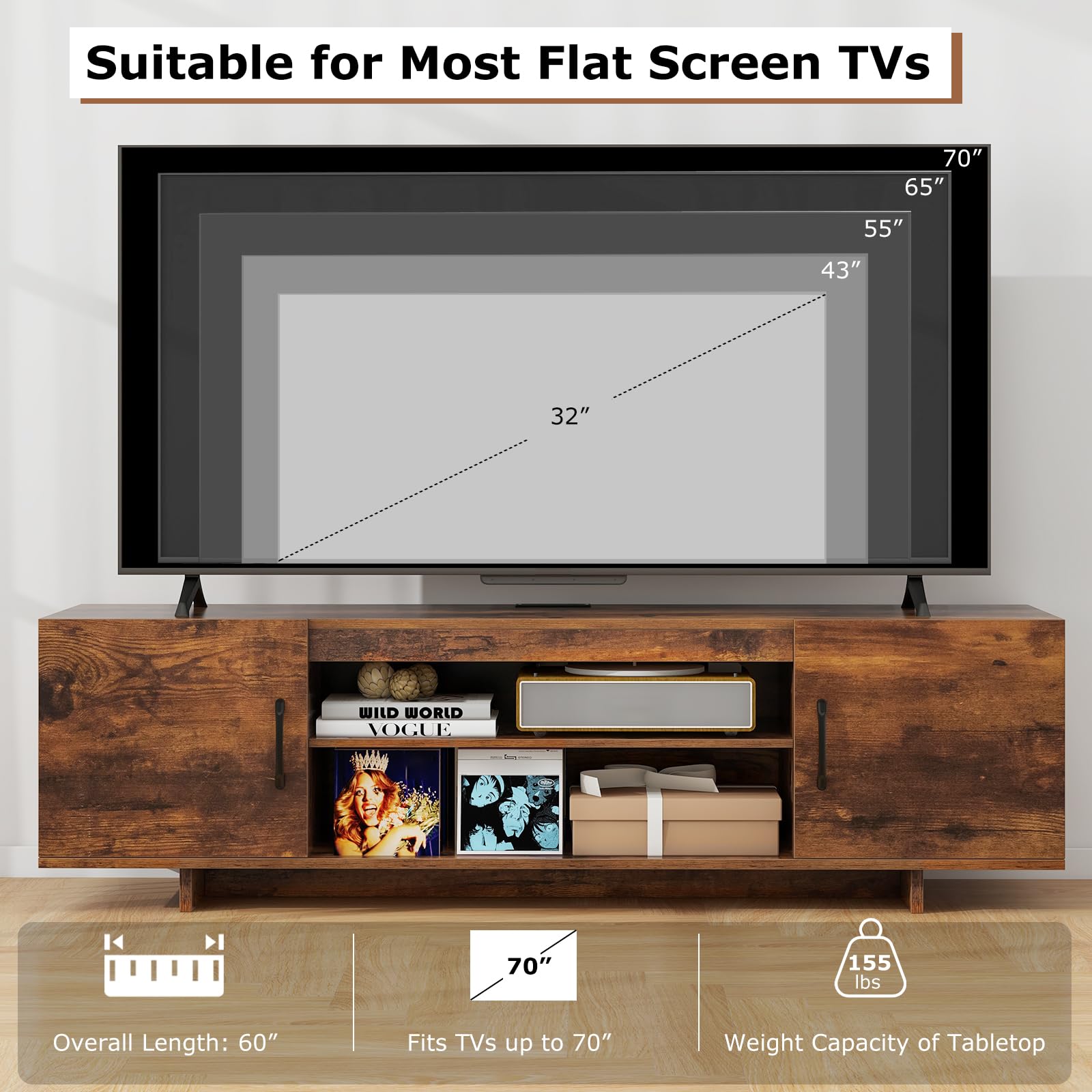 Giantex TV Stand with Power Outlet for TVs up to 70”, Entertainment Center w/ 2 Cable Holes, Open Shelves