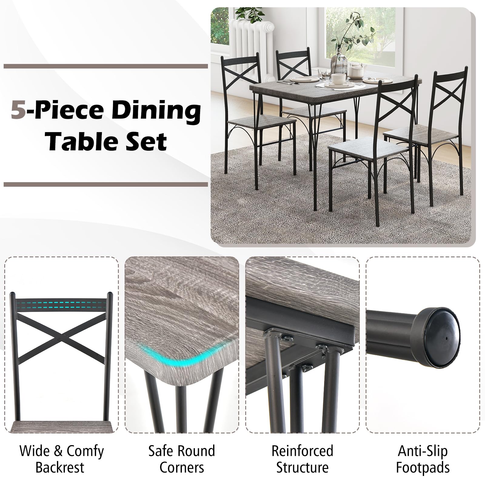 Giantex 5-Piece Dining Table Set, Modern Rectangular Dining Table & 4 Dining Chairs Set with Metal Frame