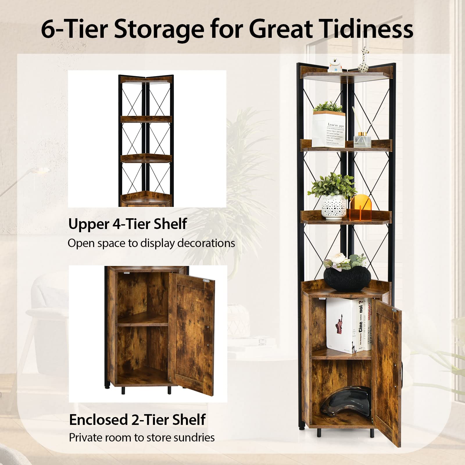 Giantex 4-Tier Corner Shelf with Cabinet - 71" Tall Free Standing Storage Shelves Rack Plant Stand