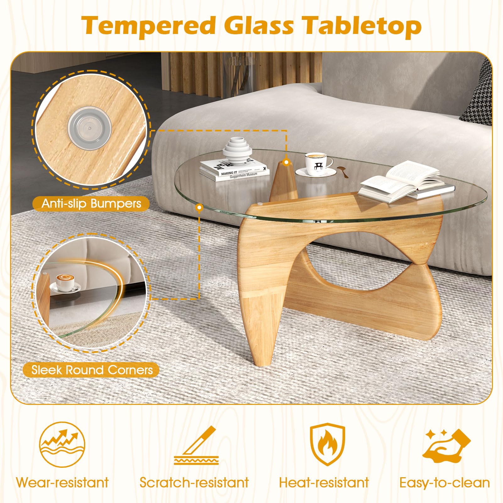 Giantex Triangle Glass Coffee Table, Solid Wood Tea Table with Tempered Glass Top & Adjustable Base