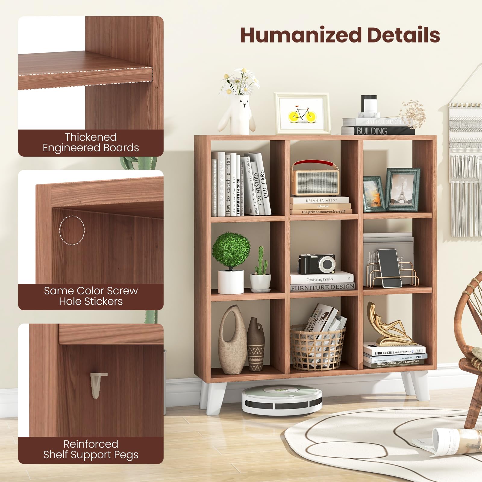 Giantex 9-Cube Open Bookcase, 3-Tier Freestanding Bookshelf with 4 Slanted Legs & 6 Removable Shelves