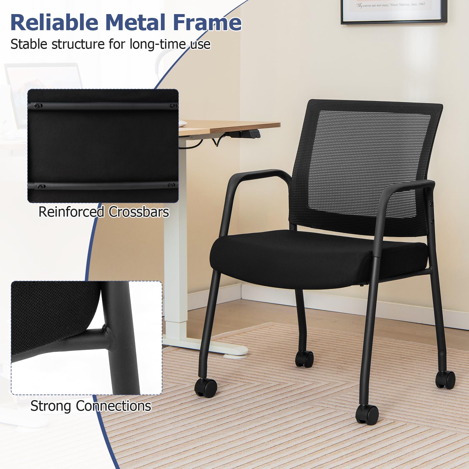 Giantex Waiting Room Chairs - Reception Chairs, Office Guest Chairs with Wheels, Metal Frame & Armrests