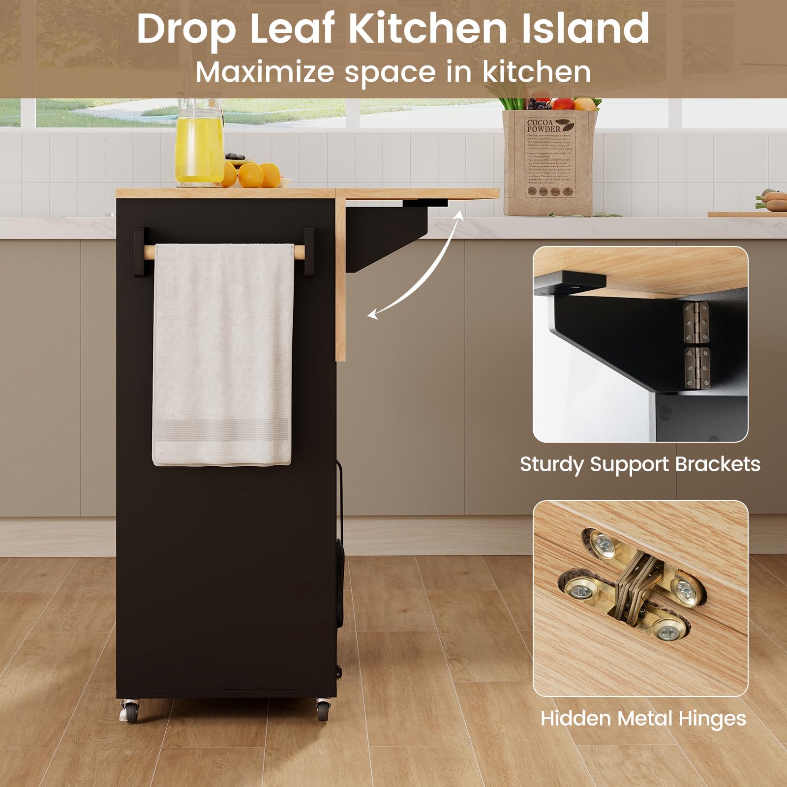 Giantex Rolling Kitchen Island Cart with Drop Leaf, Power Outlet, Spice Rack, 12 Wine Rack